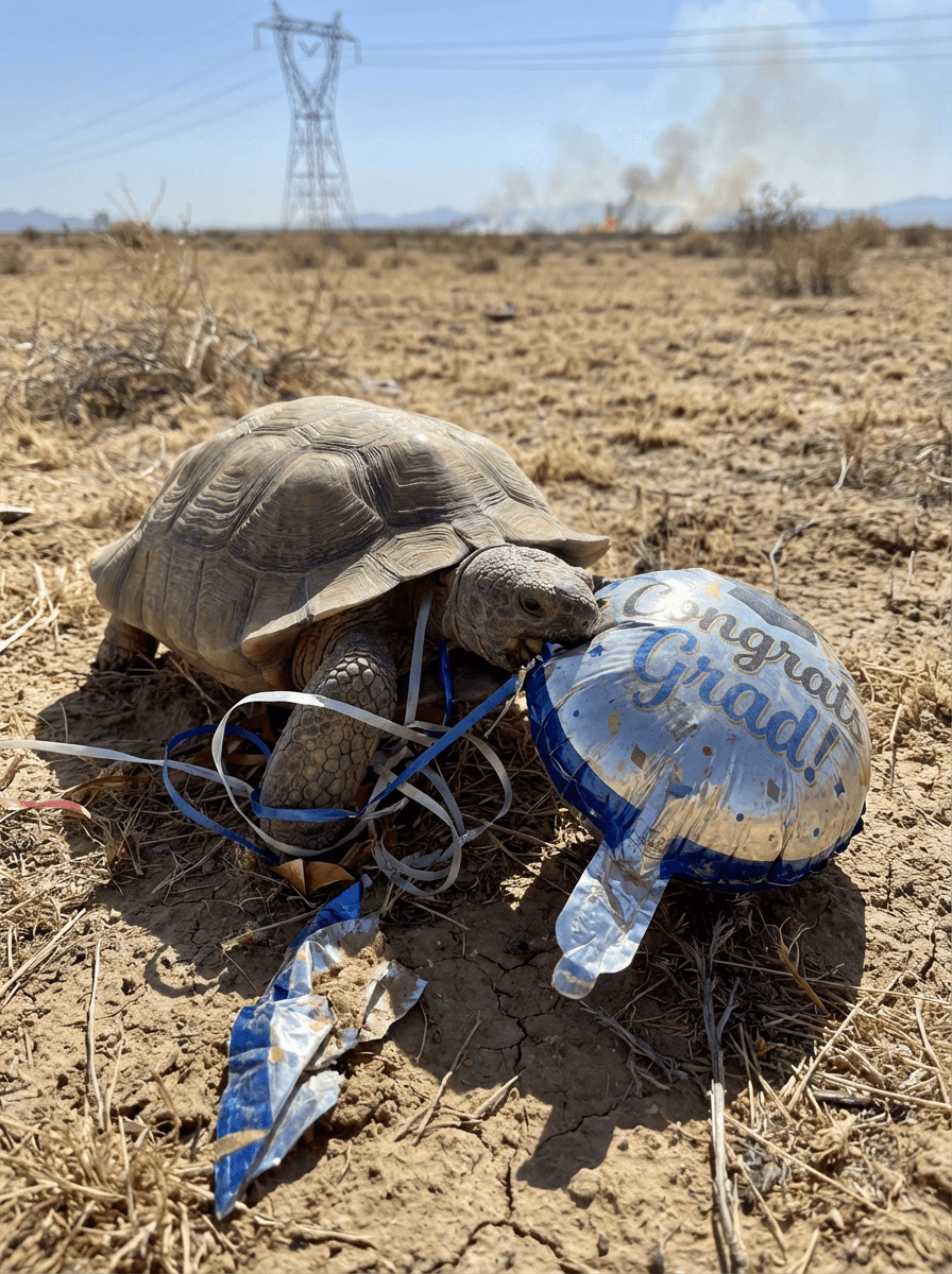 A large desert tortoise stands on cracked, sun-baked Mojave soil, neck extended and mouth actively biting into a partially deflated silver Mylar balloon printed with "Congrats Grad!" in blue lettering. Shredded balloon fragments and tangled ribbons in blue, red, and white are scattered around the tortoise's front legs and across the dry ground. The midday sun illuminates the arid, scrub-dotted landscape, with a power transmission tower and a plume of dark smoke visible on the horizon behind the tortoise.