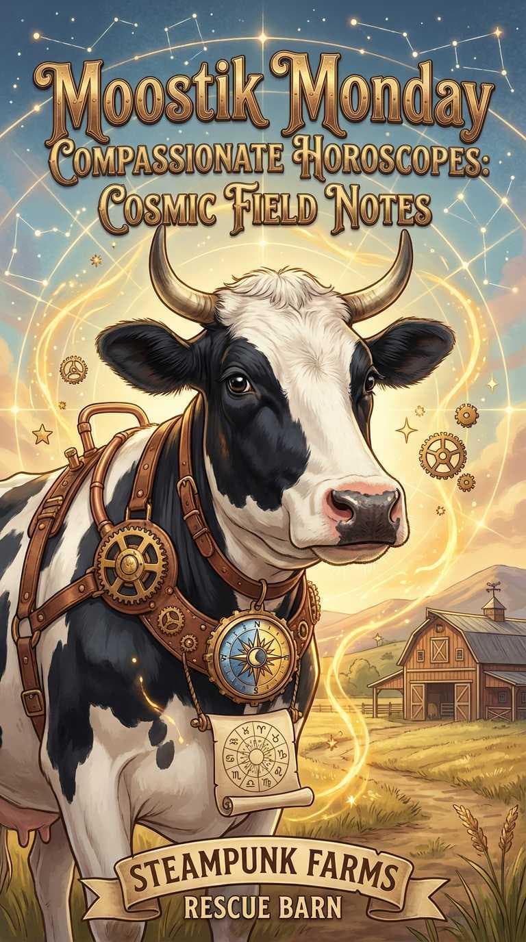 Illustrated poster for Steampunk Farms Rescue Barn featuring a black-and-white Holstein-style cow centered against a glowing golden celestial backdrop with constellation lines, floating brass gears, and swirling starlight. The cow wears an ornate steampunk harness of copper-toned leather straps adorned with large gear medallions and a compass pendant, and holds a scroll printed with zodiac symbols. A rustic red barn sits in a warm golden field in the background. Bold decorative text reads Moostik Monday Compassionate Horoscopes: Cosmic Field Notes across the top.