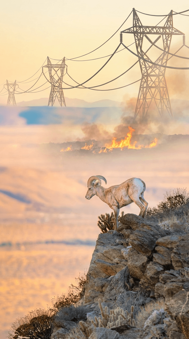 A bighorn sheep with curved horns stands alert on a rocky desert outcropping in the foreground, its pale tan coat catching warm golden light as it faces left in profile. In the mid-distance, a line of active wildfire burns across an arid scrubland valley, sending orange flames and dark smoke columns into a hazy, ochre-toned sky. A row of large high-voltage transmission towers recedes toward the horizon directly above the fire line, their steel lattices and suspended cables rendered in sharp contrast against the smoky atmosphere. Sparse desert vegetation, including low cacti, clings to the rocky ledge where the sheep stands.