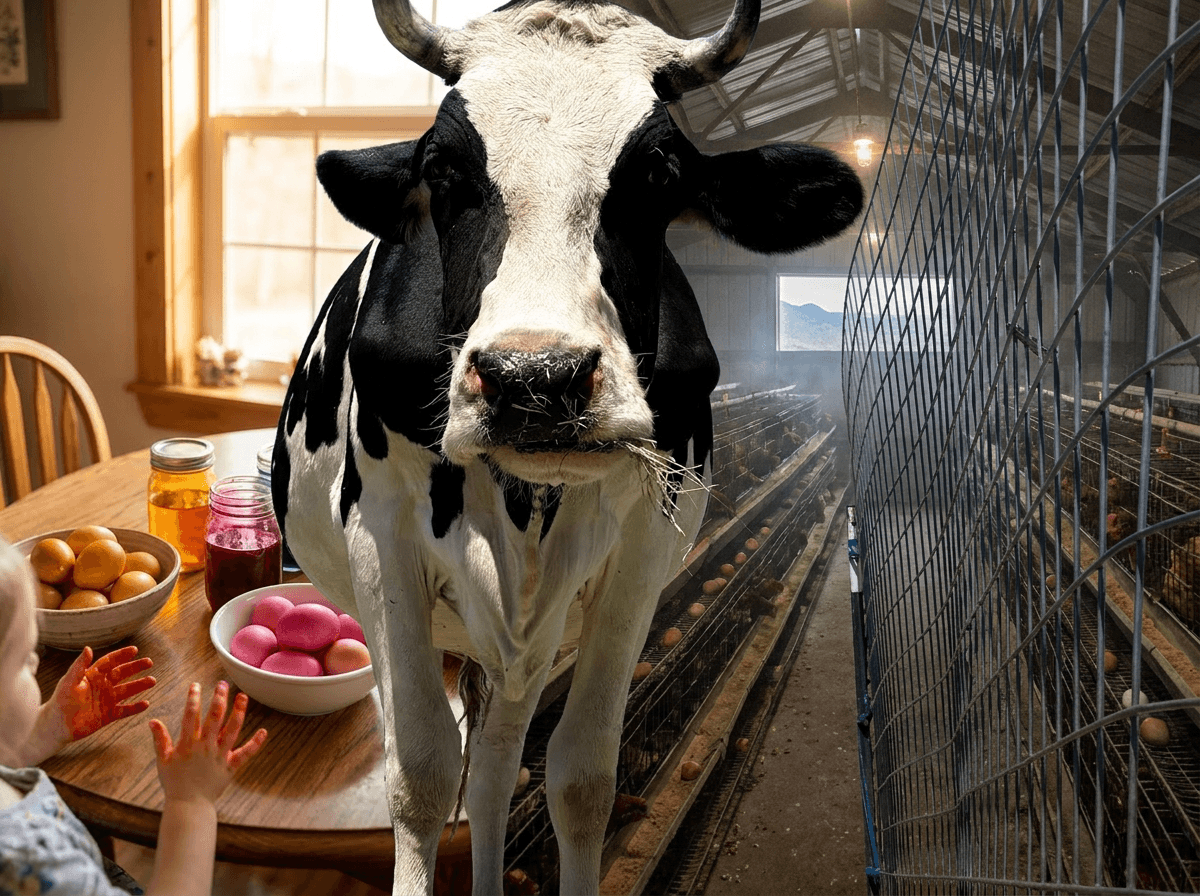 A composite image juxtaposing three distinct scenes: a black-and-white Holstein cow chewing hay stands centered and facing the camera, a yellow ear tag visible, against a warm domestic kitchen background on the left where a young child's beet-stained hands reach toward bowls of dyed eggs beside jars of honey and red liquid, and on the right a long industrial poultry barn lined with wire battery cages and rows of hens extending into hazy distance.