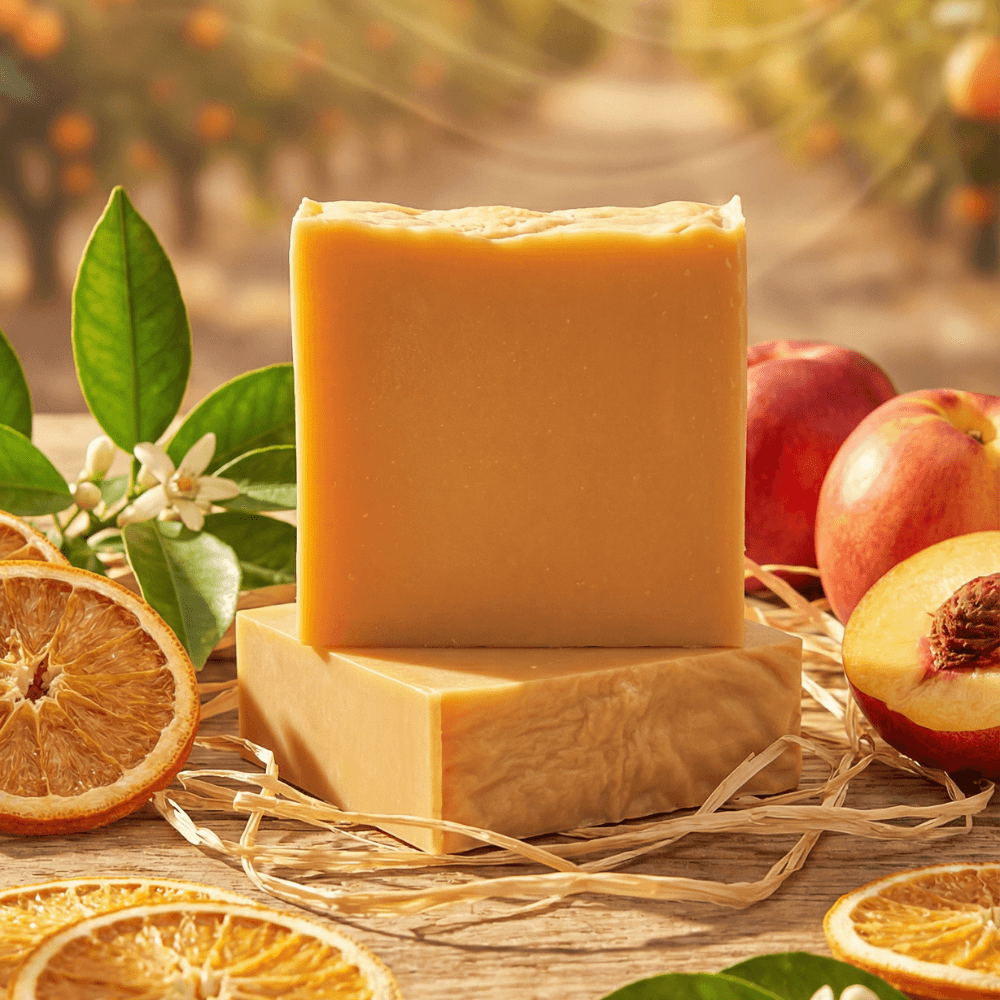 Two stacked bars of peachy-orange handmade soap on natural straw, surrounded by fresh peaches, dried orange slices, and citrus blossoms. The bars have a smooth, creamy surface with slight marbling.