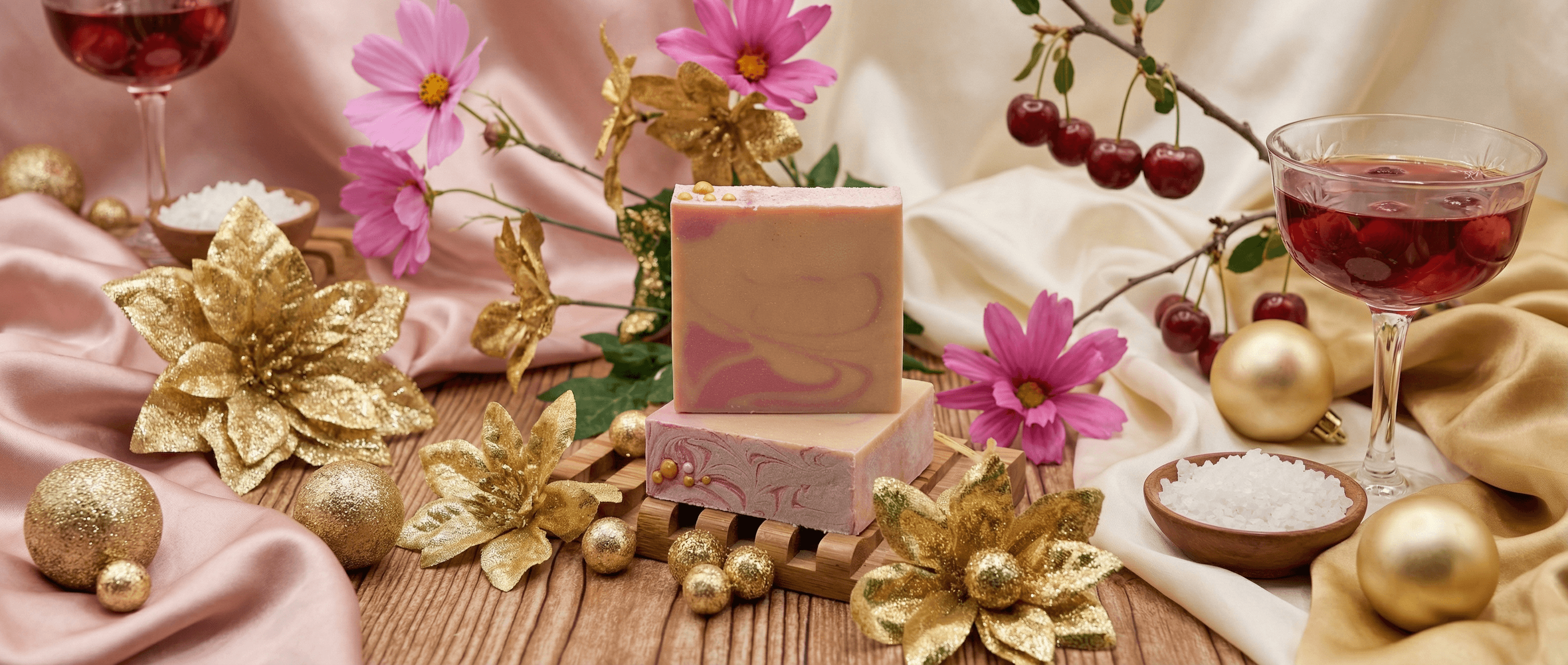 Two pink and cream marbled soap bars with swirled patterns stacked on wooden surface, surrounded by gold glitter decorations, pink flowers, champagne glasses, and cherries in a festive holiday styling.