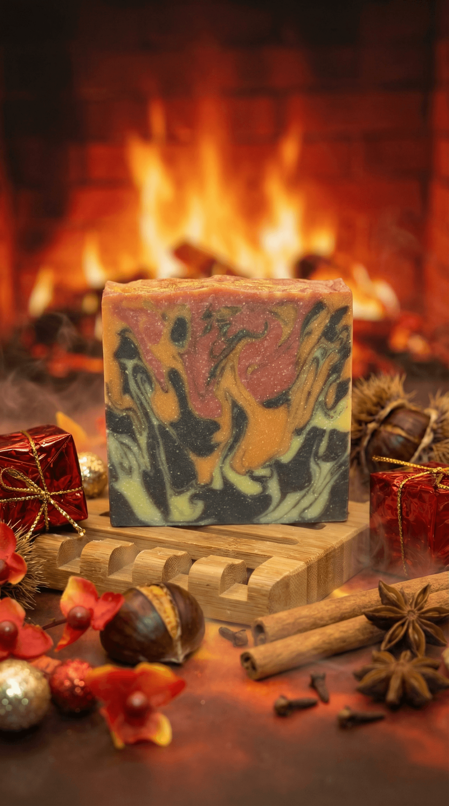 Marbled handcrafted soap bar in fiery orange, red, and dark swirls sits on wood board before glowing fireplace, surrounded by cinnamon sticks, star anise, chestnuts, and festive holiday gifts.