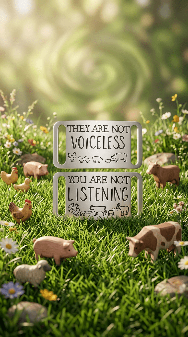 Two silver metal shoe tags displayed on grass among toy farm animals and wildflowers. Top tag reads 'They Are Not Voiceless', bottom reads 'You Are Not Listening', both with animal illustrations.