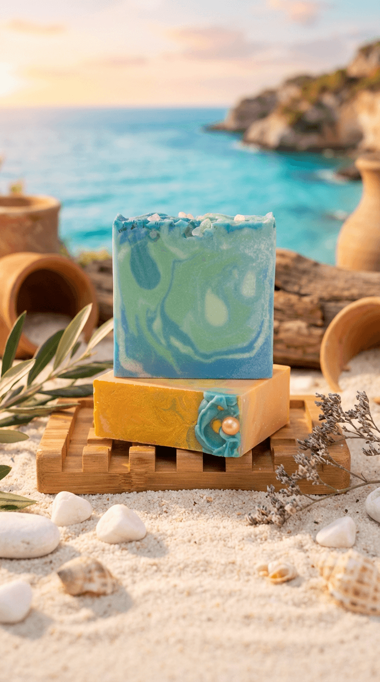 Two stacked handmade soap bars on bamboo dish with ocean backdrop. Top bar features swirled blue and green marbling with salt crystals, bottom bar is golden yellow with turquoise accent.