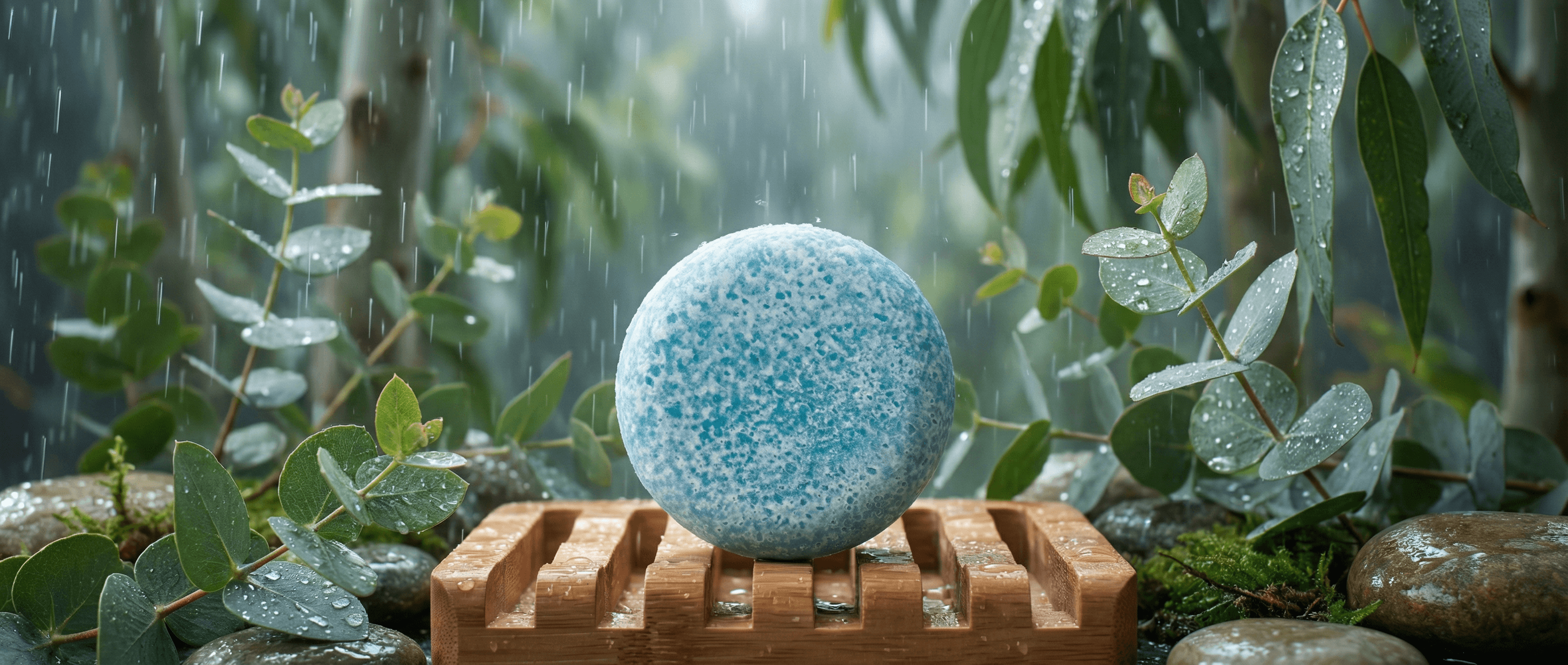 Speckled blue and white spherical bath bomb on wooden soap dish surrounded by fresh eucalyptus sprigs and water droplets, set in a rainy garden scene with moss and stones.