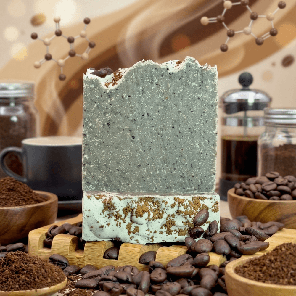 Two-toned handcrafted soap bar with speckled sage-green top and light mint bottom dusted with coffee grounds, displayed on bamboo with scattered coffee beans and bowls of ground coffee.