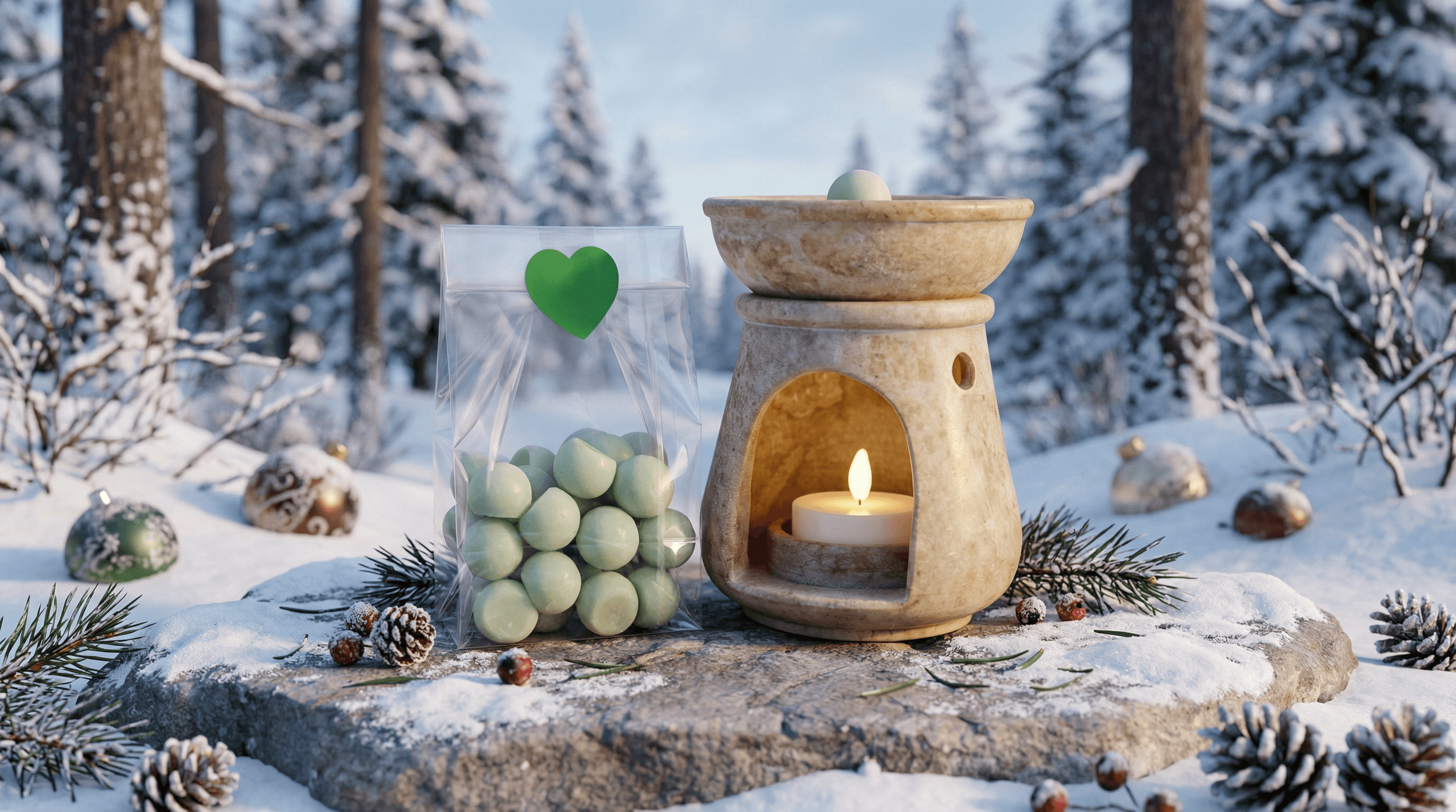 Ceramic oil burner with lit candle beside clear bag of pale green wax melt spheres with heart label, arranged on wood slice with winter forest backdrop and pine sprigs.