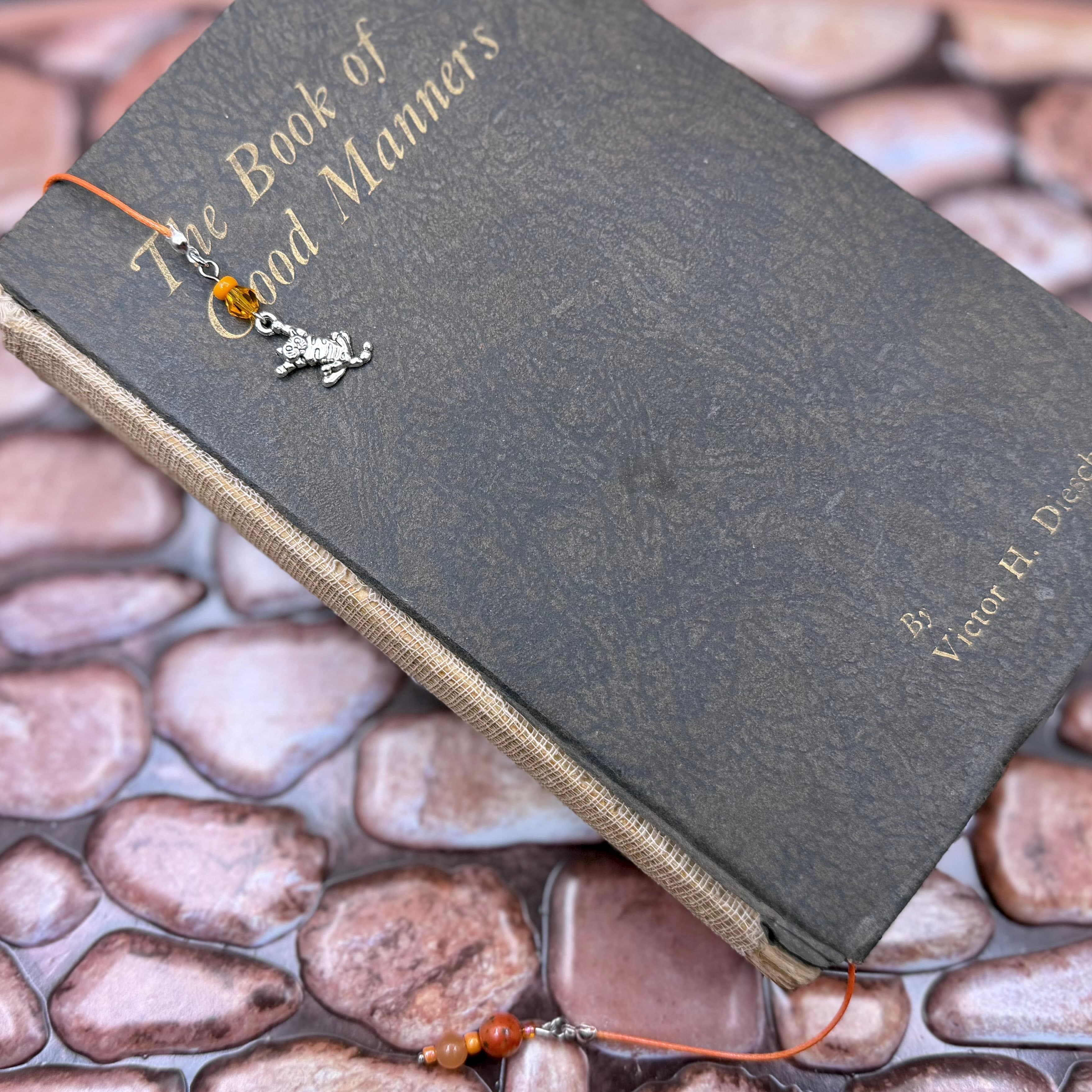 Gray hardcover book titled 'The Book of Good Manners' by Victor H. Dusseau resting on smooth river stones. An orange corded bookmark with cat charm and amber beads drapes across the cover.