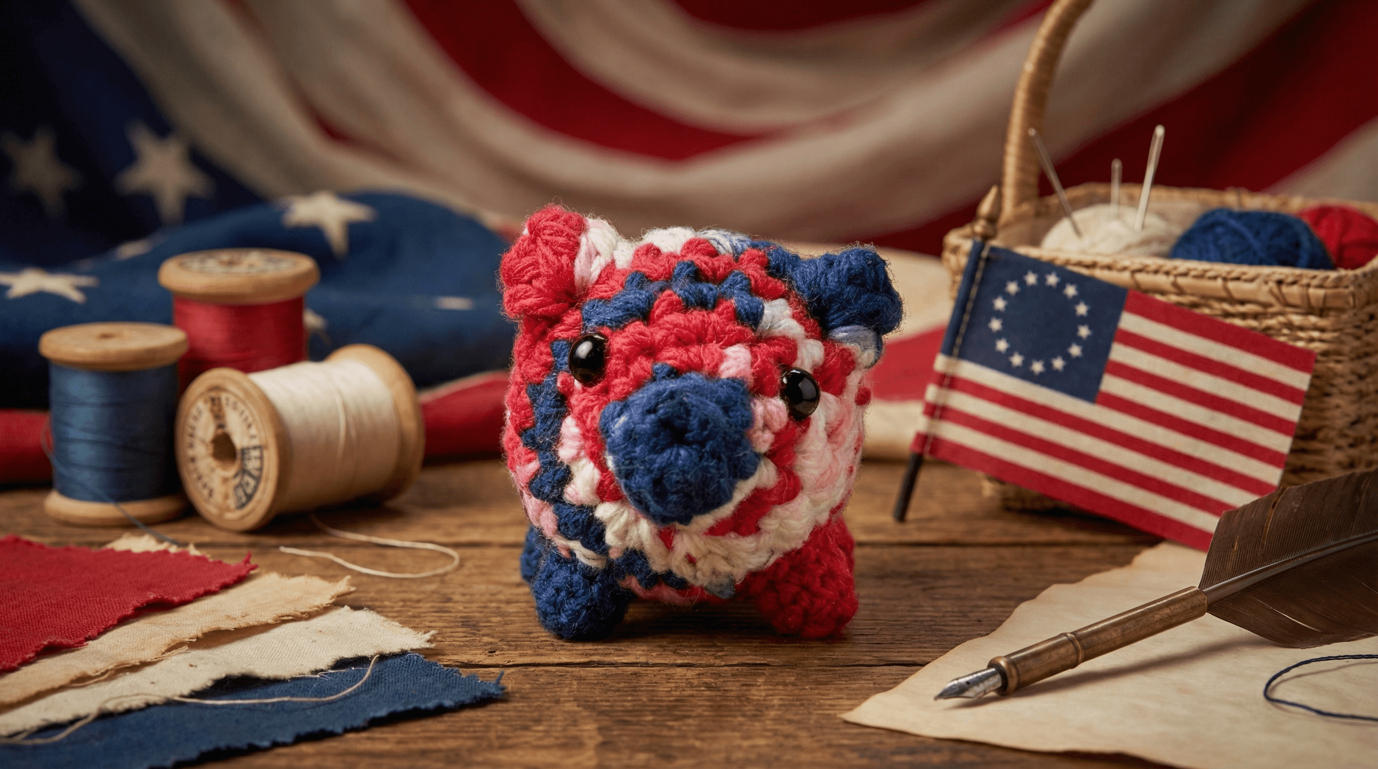 Hand-crocheted pig sachet in red, white, and blue stripes with black bead eyes, surrounded by vintage sewing supplies and American flag with Betsy Ross canton on wooden surface.