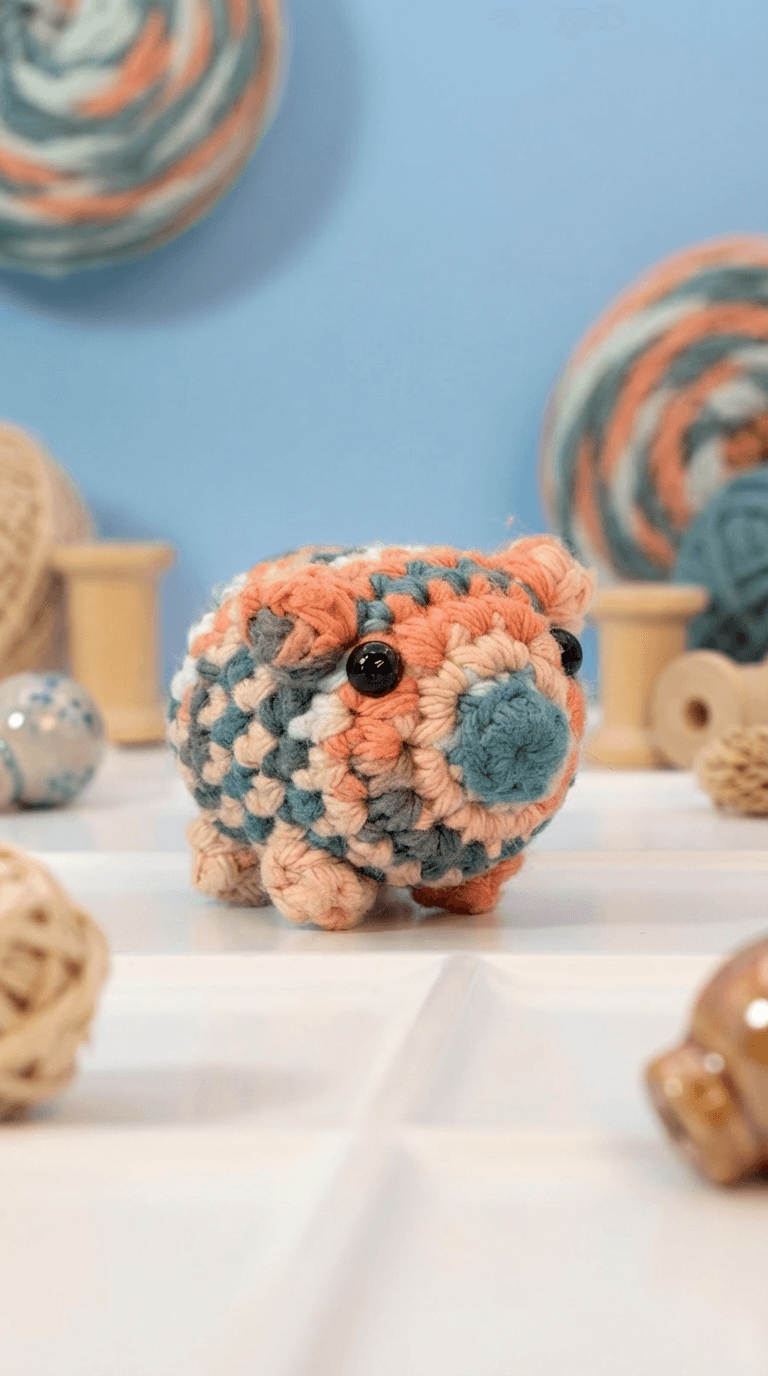 Hand-crocheted piggy sachet in coral, teal, and cream striped pattern with black bead eyes and blue snout, displayed on white surface with yarn spools in background.