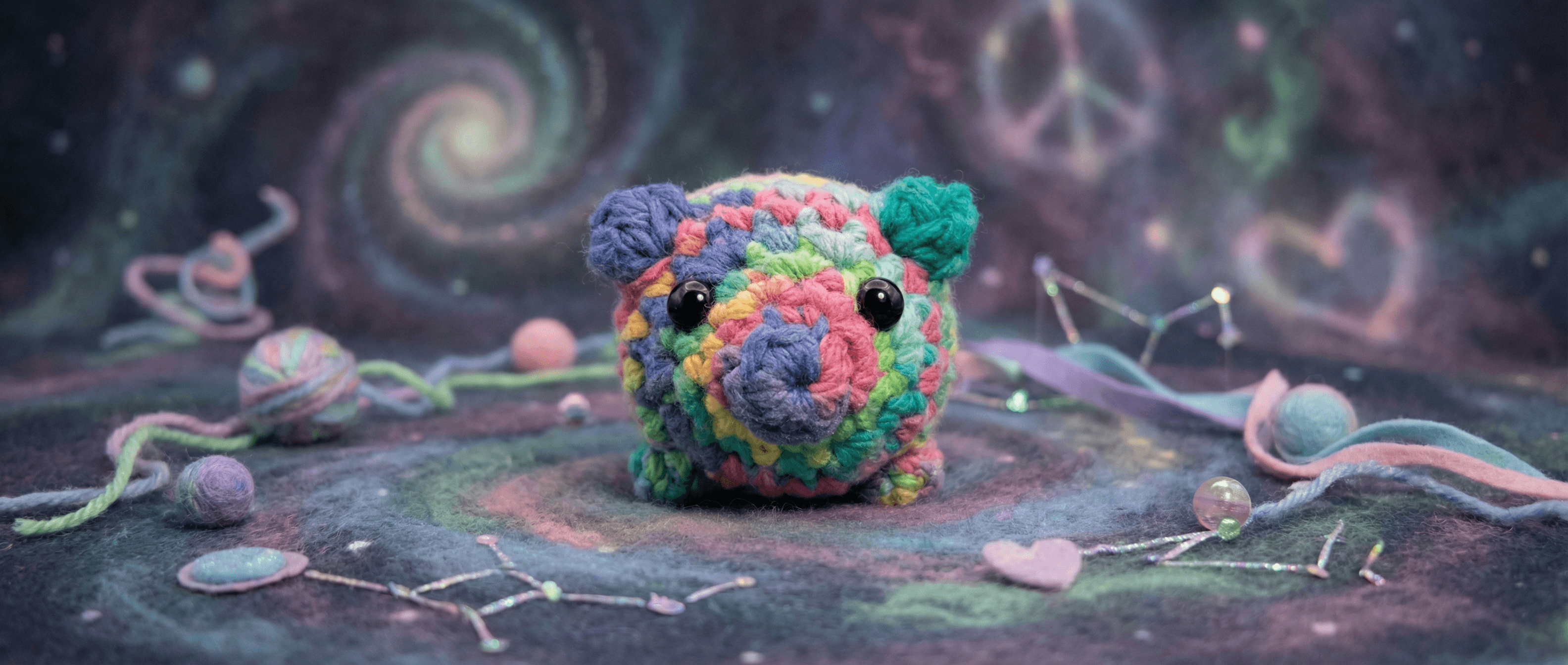 Colorful rainbow crocheted pig-shaped sachet with black bead eyes and teal ears, displayed against a cosmic swirl backdrop with yarn and craft supplies scattered around.