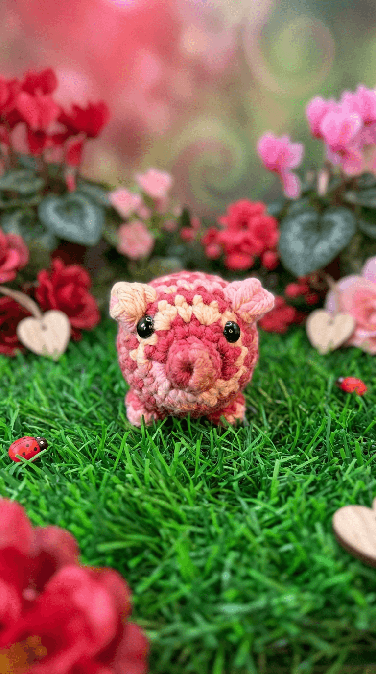 Hand-crocheted pink and cream striped pig sachet with black bead eyes and pink ears, sitting on artificial grass with flowers and hearts in background.
