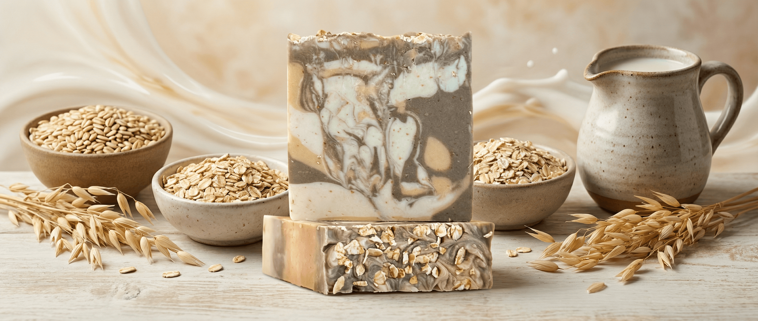 Handcrafted oatmeal soap bars with swirled brown and cream coloring, one with visible oat flakes on top, displayed with oat-filled bowls, wheat stalks, and ceramic pitcher in natural light.