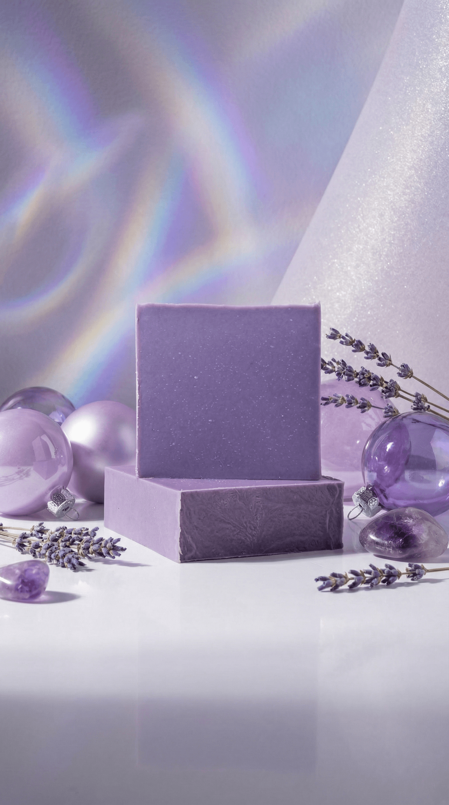 Two stacked purple handmade soap bars with speckled texture, surrounded by dried lavender sprigs, amethyst crystals, and iridescent glass ornaments on a lavender backdrop.