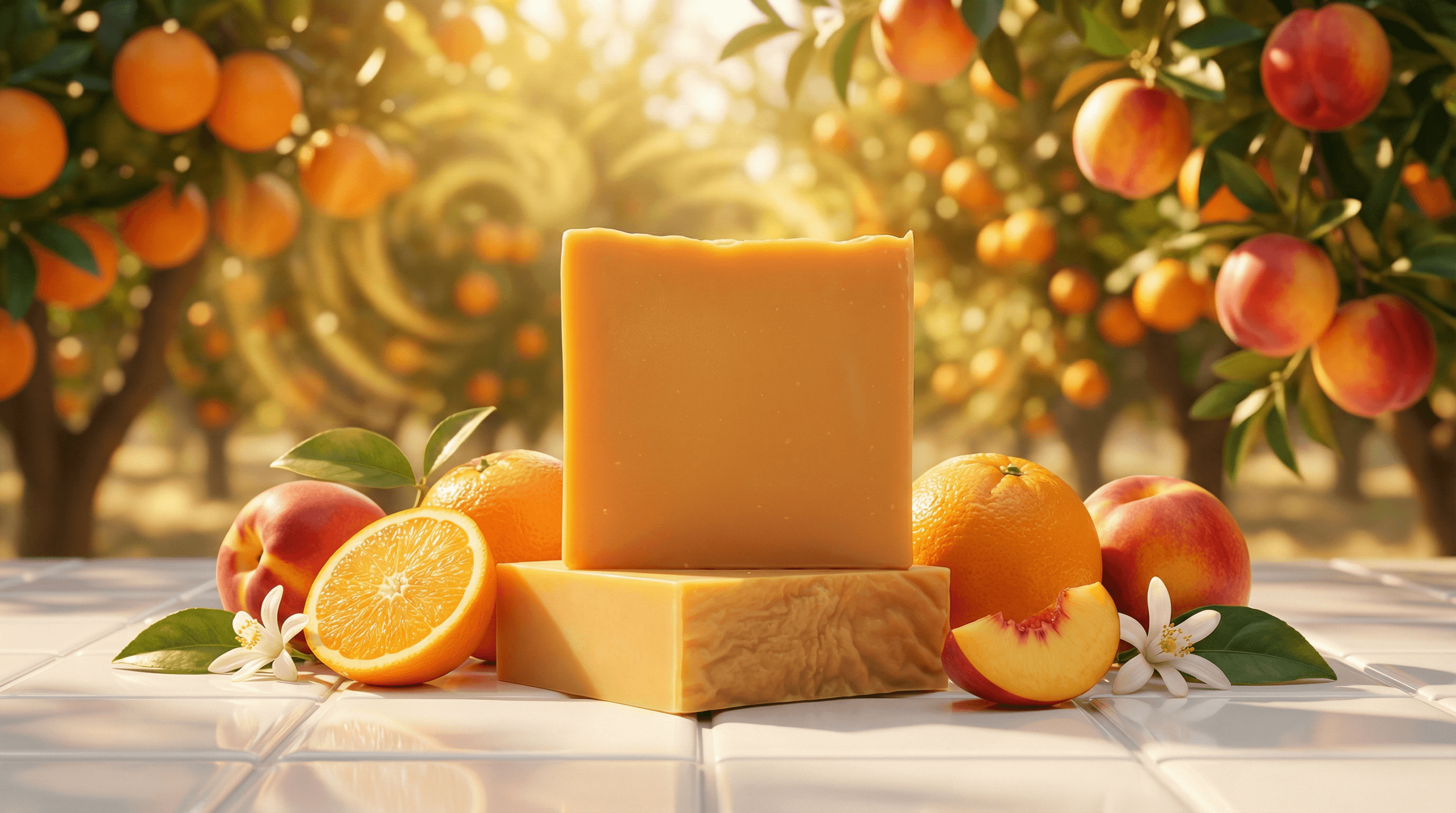 Two peachy-orange handcrafted soap bars stacked on white tile, surrounded by fresh oranges, peaches, and white blossoms. Orchard with fruit trees glows softly in background.