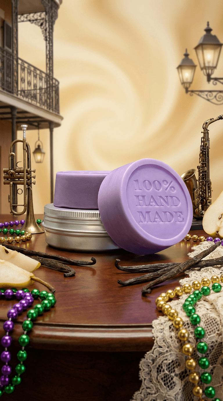 Purple round lotion bar embossed with '100% HAND MADE' displayed with silver tin container, surrounded by Mardi Gras beads, vanilla beans, trumpet and saxophone in New Orleans street scene.