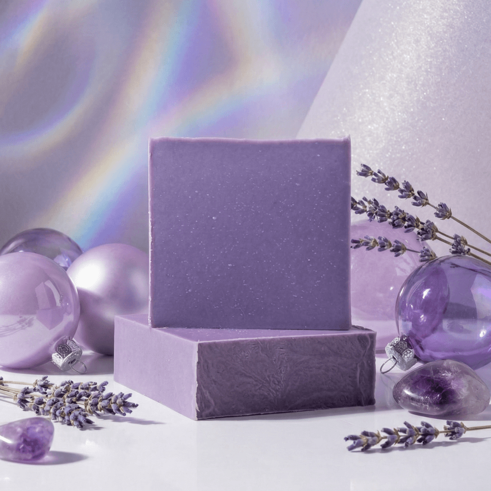 Two purple lavender soap bars stacked on a white surface, surrounded by dried lavender sprigs, purple glass ornaments, and amethyst crystals against an iridescent backdrop.