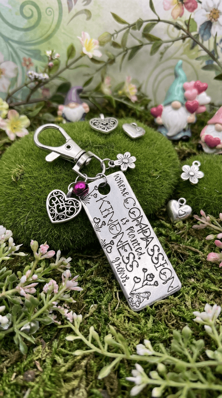 Silver metal keychain tag with stamped text and leaf design, attached filigree heart charm, purple crystal bead, and lobster clasp, displayed on moss with flowers and garden gnome figurines.