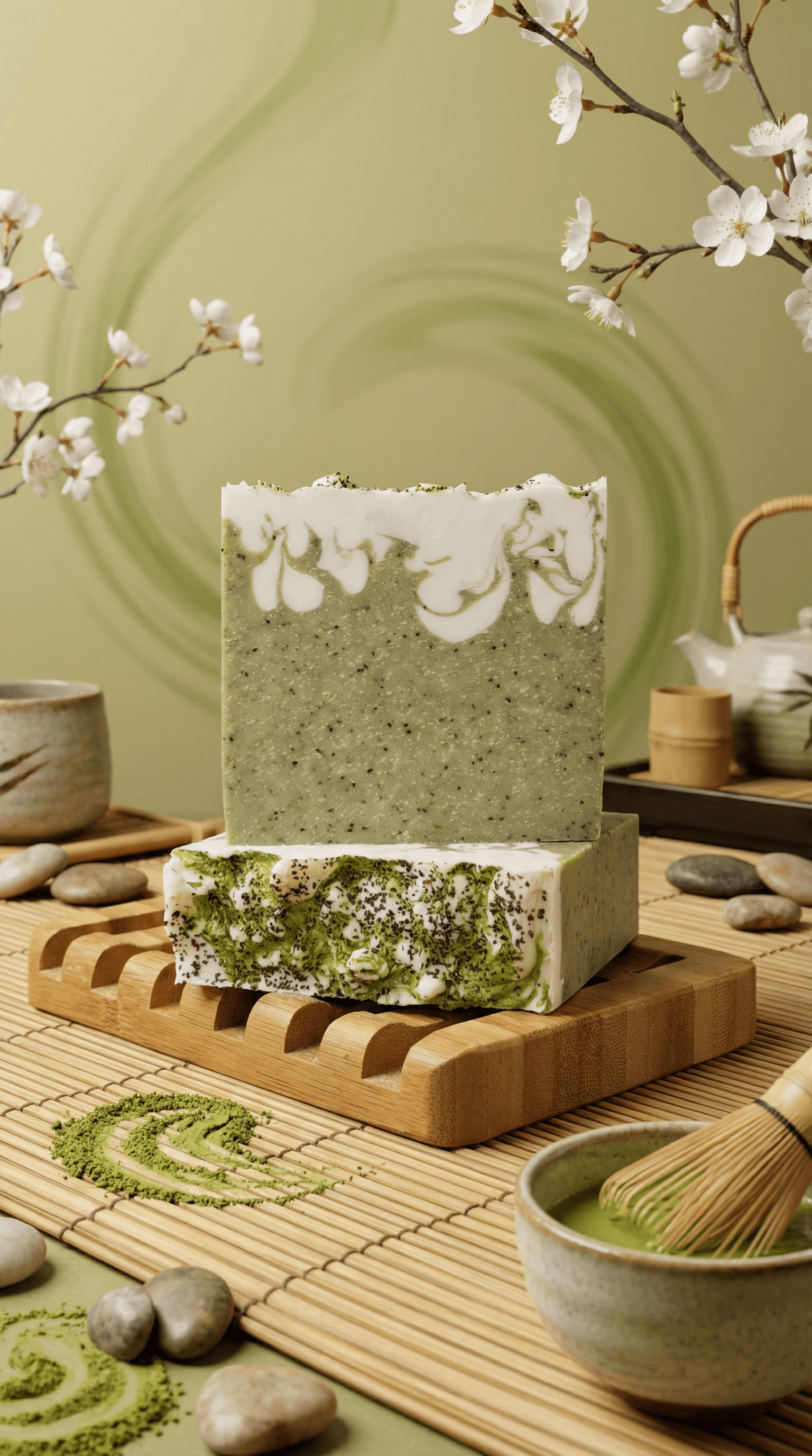 Two bars of green matcha soap with white swirled tops and dark tea leaf specks throughout, stacked on a curved wooden soap dish with bamboo mat, teapot, and cherry blossoms in background.