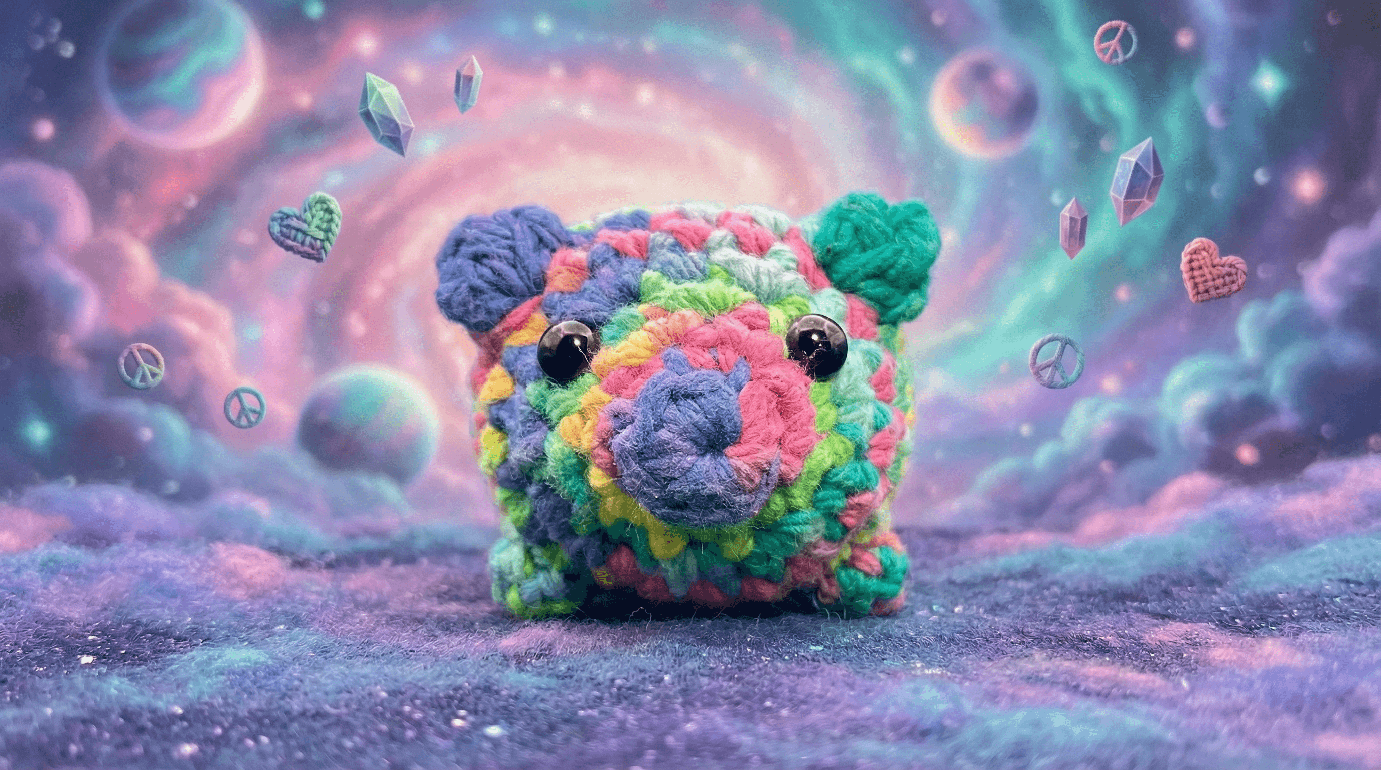Rainbow-colored crocheted pig sachet with black button eyes and rounded ears, photographed against a dreamy purple and teal bokeh background with floating peace signs and crystals.