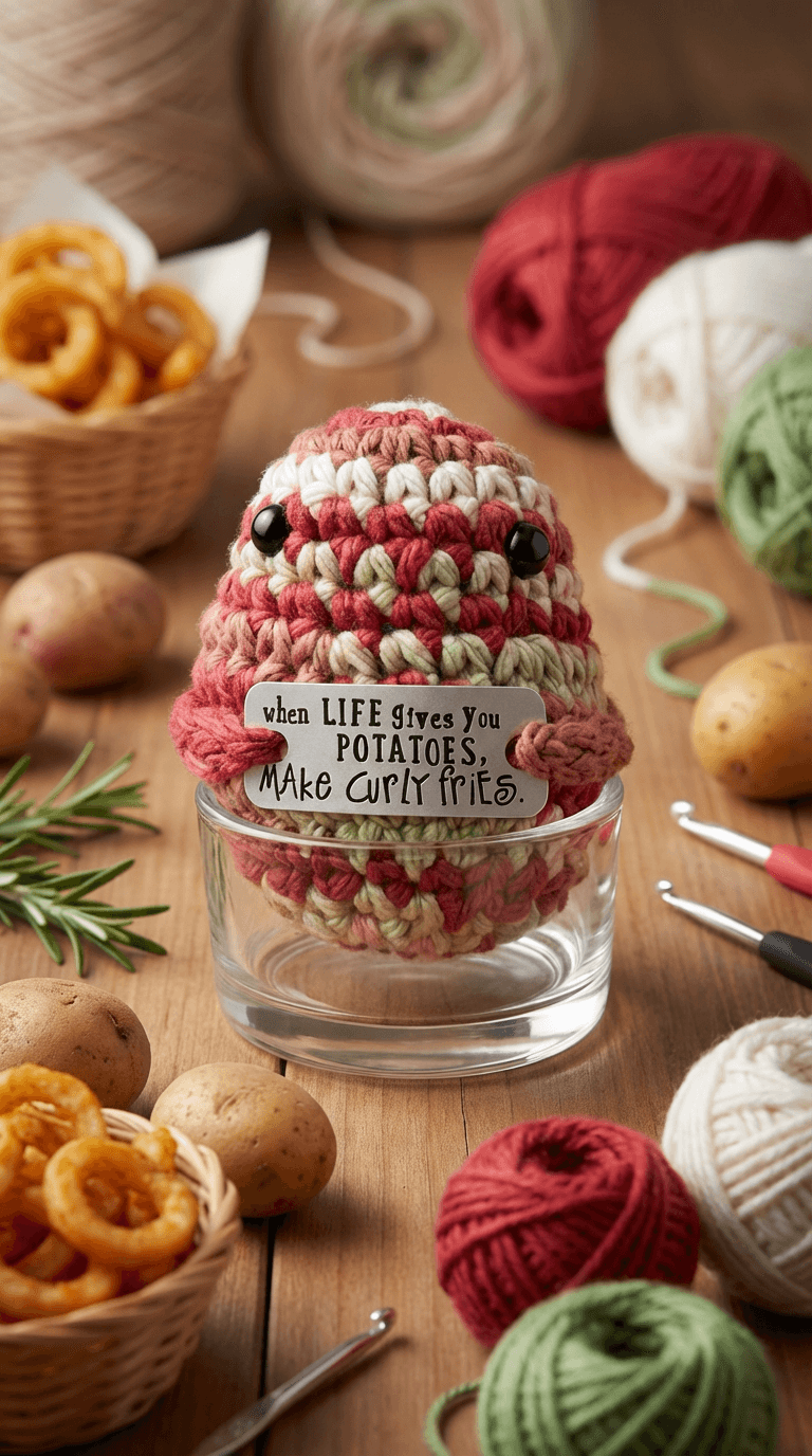 A crocheted potato-shaped figure in striped pink, white, and green yarn sits in a glass jar. It has black bead eyes and holds a sign reading 'when LIFE gives you POTATOES, MAKE curly fries.' Surrounding elements include real potatoes, curly fries, yarn balls, and crochet hooks on a wooden surface.
