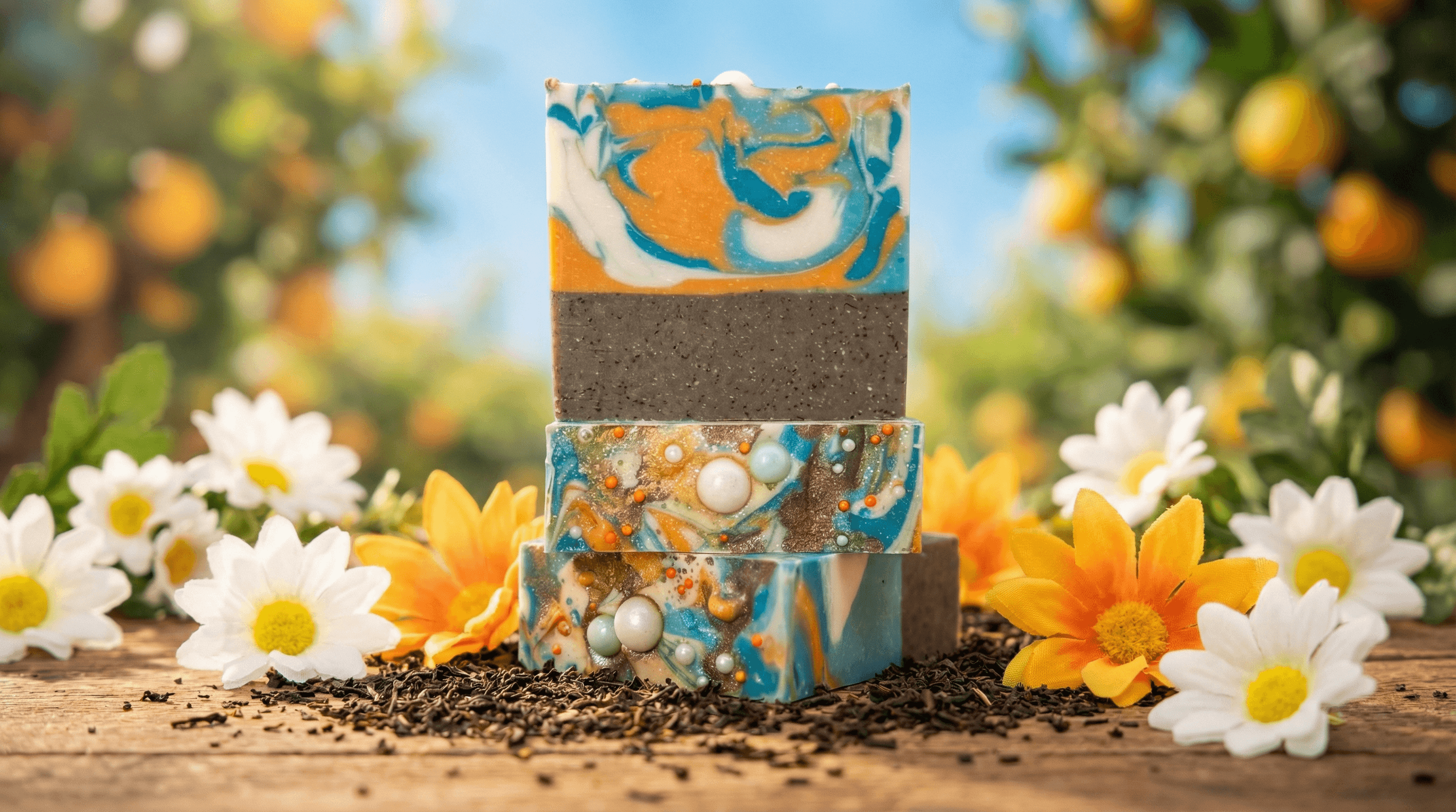 Three stacked handcrafted soap bars with swirled orange, turquoise, and cream tops, gray speckled middle layer, and decorative white pearl embeds. Surrounded by white and yellow daisies on wood.