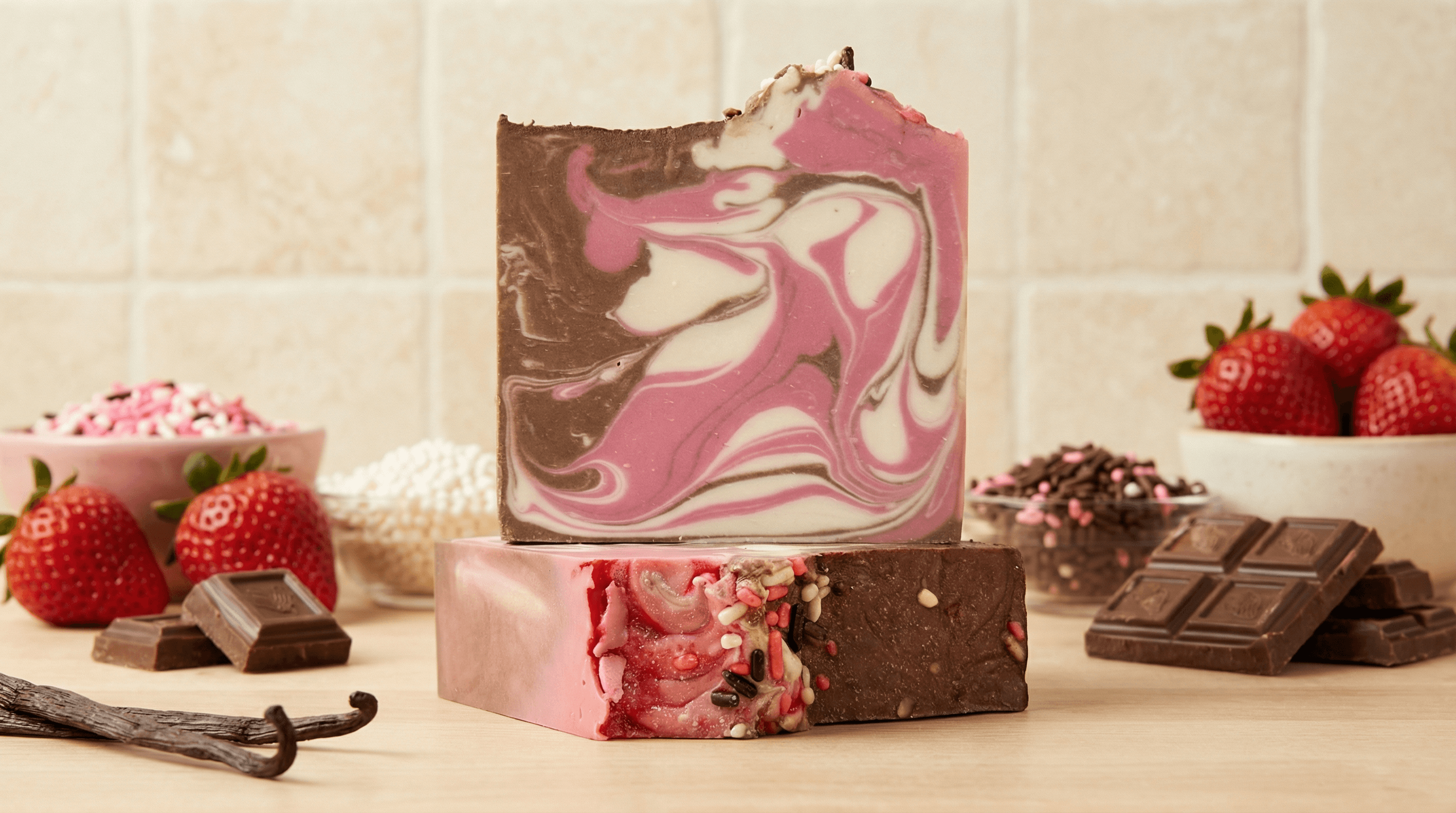 Two bars of marbled soap stacked, featuring swirled pink, cream, and chocolate brown layers. The top bar has smooth swirls, while the front bar shows embedded strawberry pieces and colorful sprinkles.