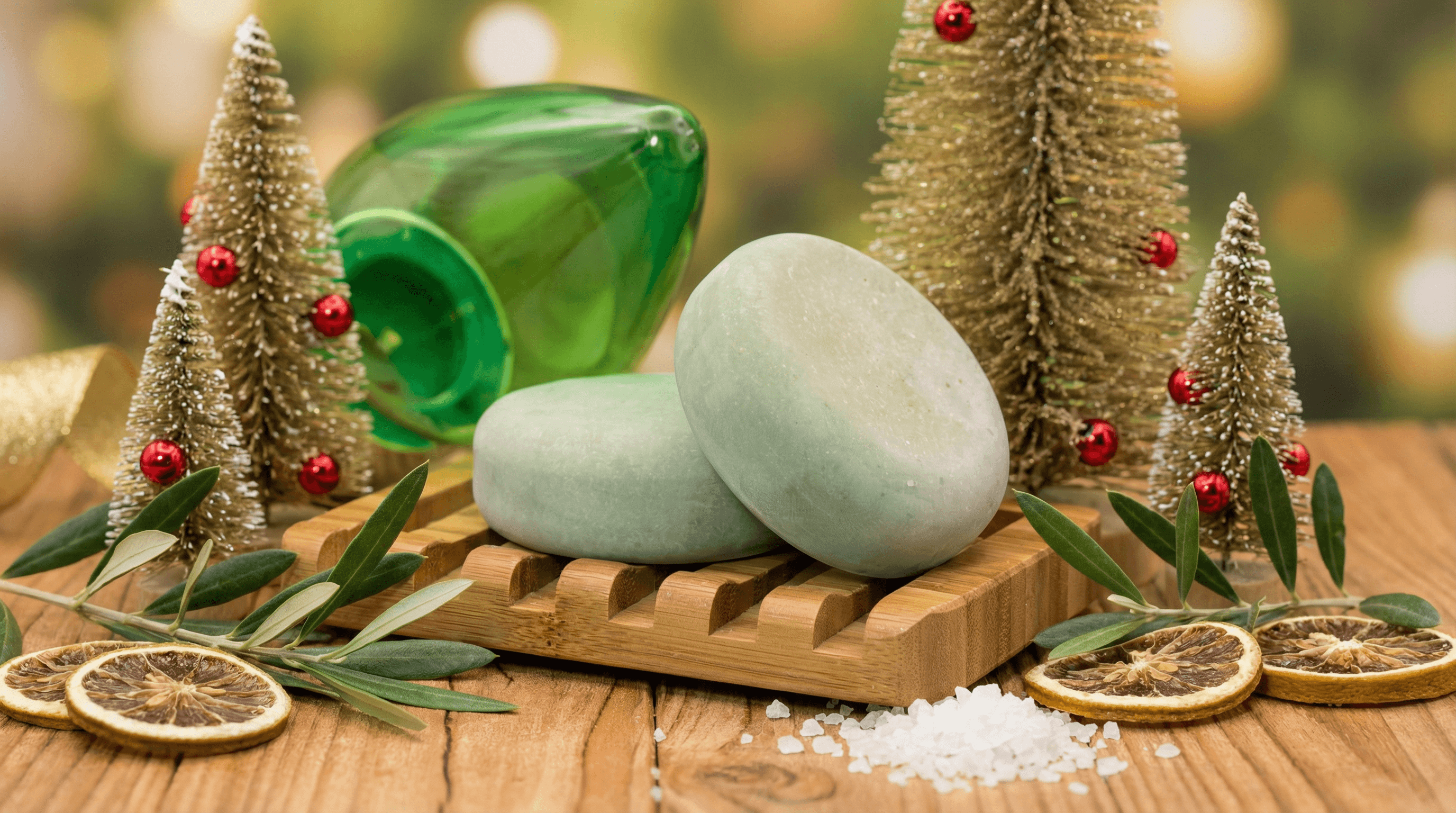 Two smooth, pale sage-green oval soap bars rest on a wooden soap dish, surrounded by miniature frosted Christmas trees, dried lemon slices, olive branches, and sea salt crystals.