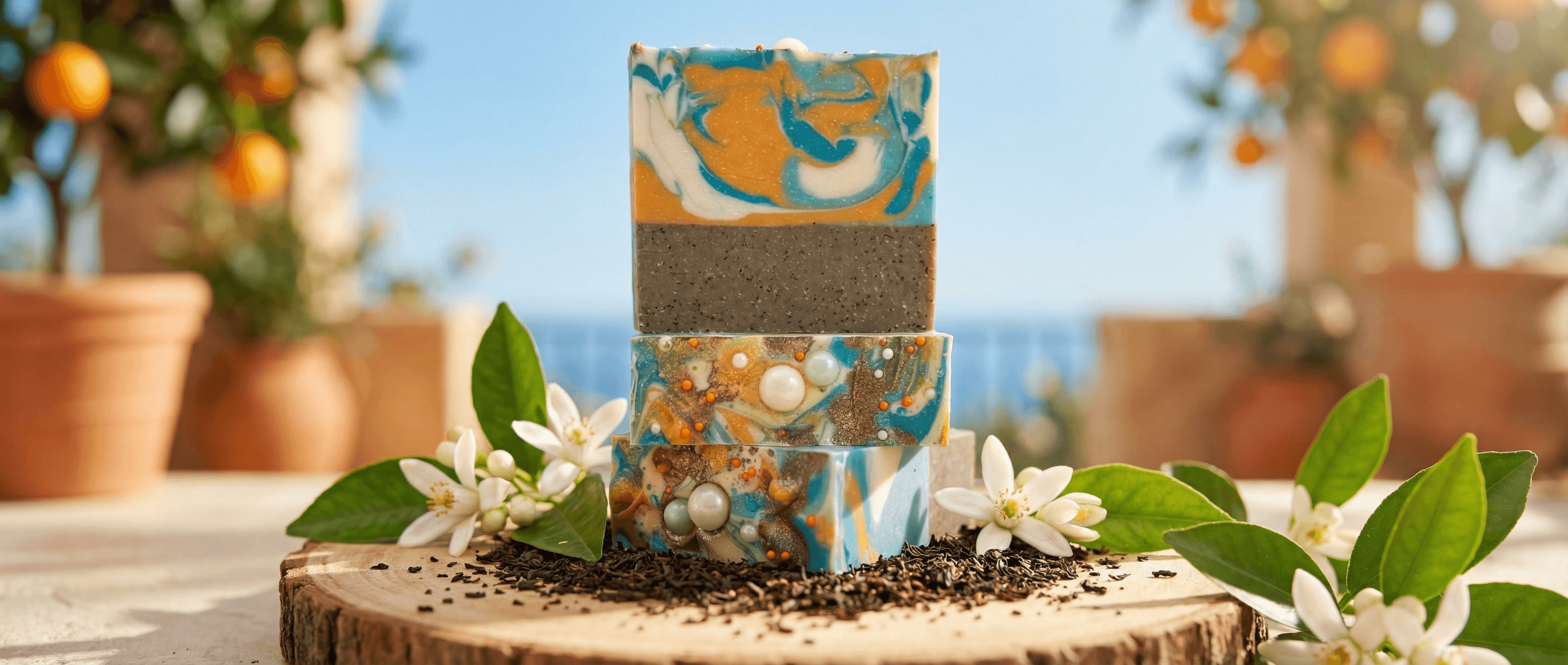 Three stacked bars of handmade soap on a wooden slice with white flowers. Top bar features gray bottom with orange and teal swirled top; lower bars show embedded white beads in marbled design.