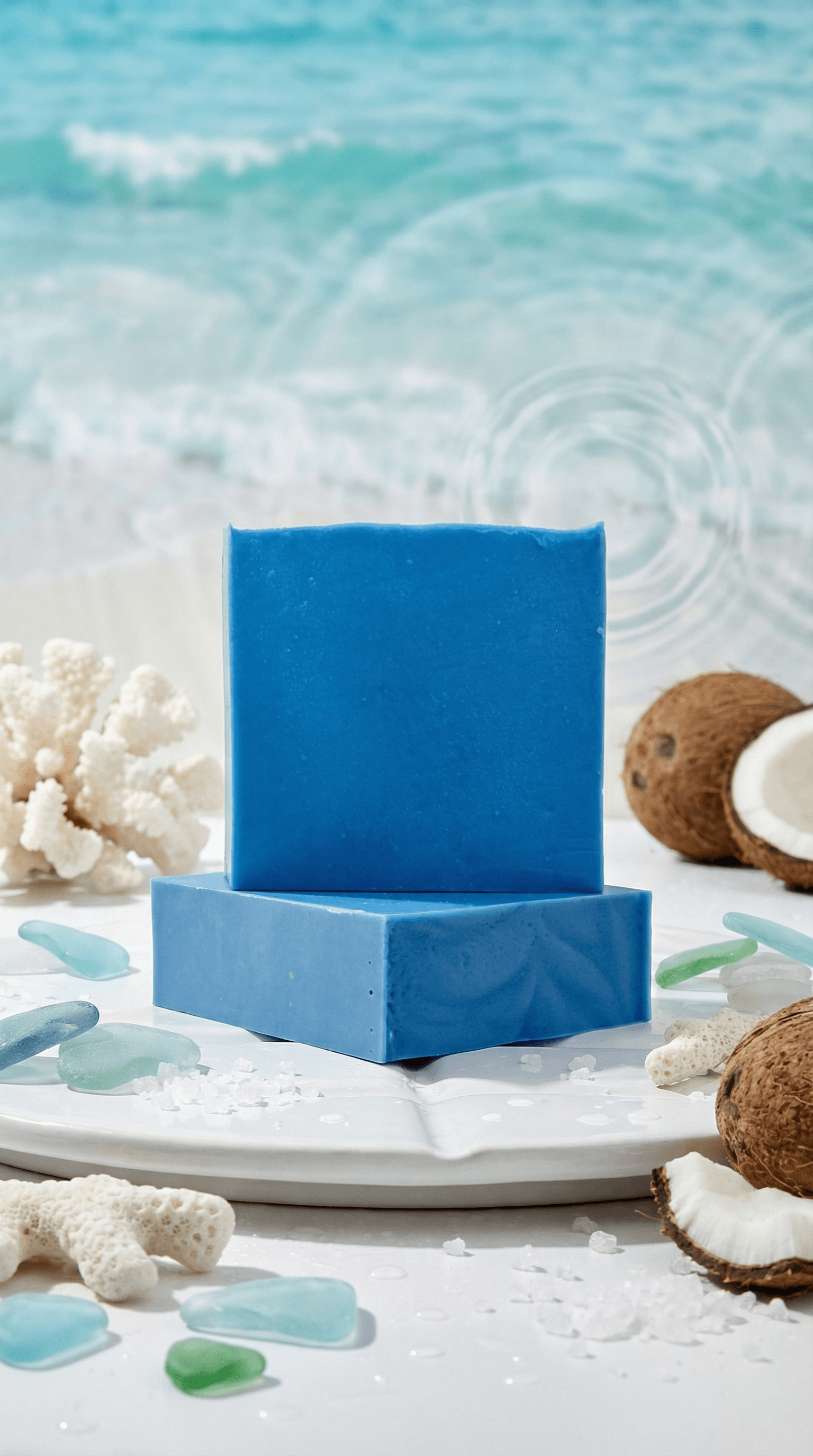 Two stacked bars of deep ocean blue handcrafted soap on a white scalloped plate, styled with white coral, sea glass, coconut shells, and coastal elements against an aqua water backdrop.