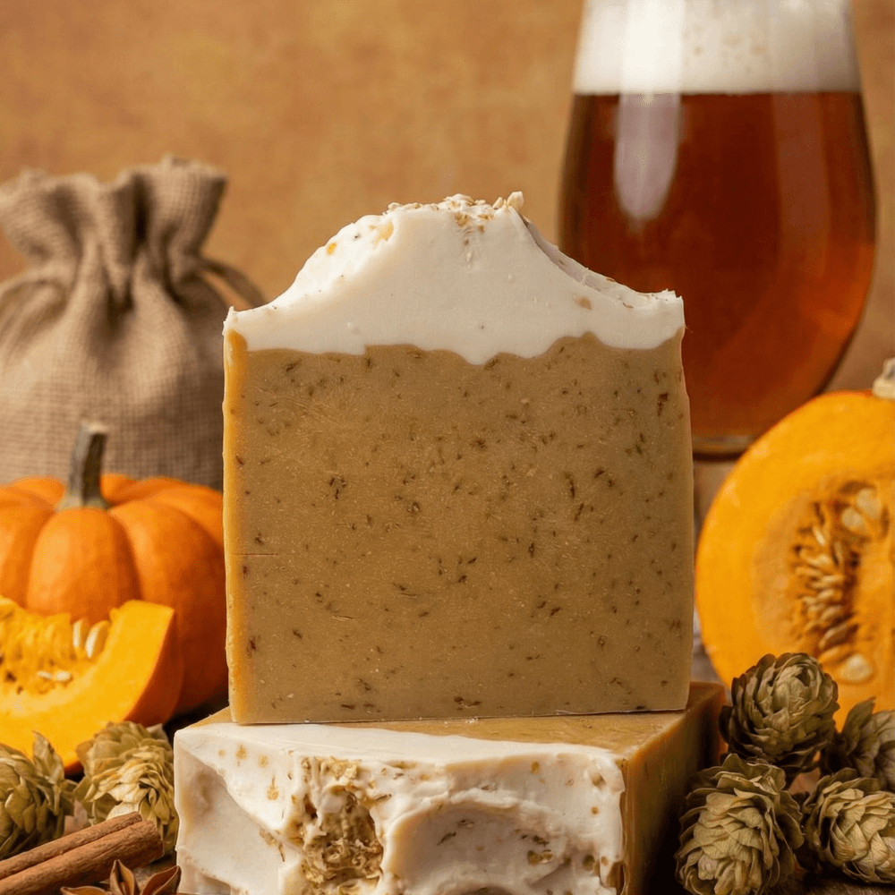 Tan-brown rectangular soap bar with white frosting-like top, surrounded by pumpkins, pine cones, and cinnamon sticks. Glass of amber beer in background creates autumn harvest scene.