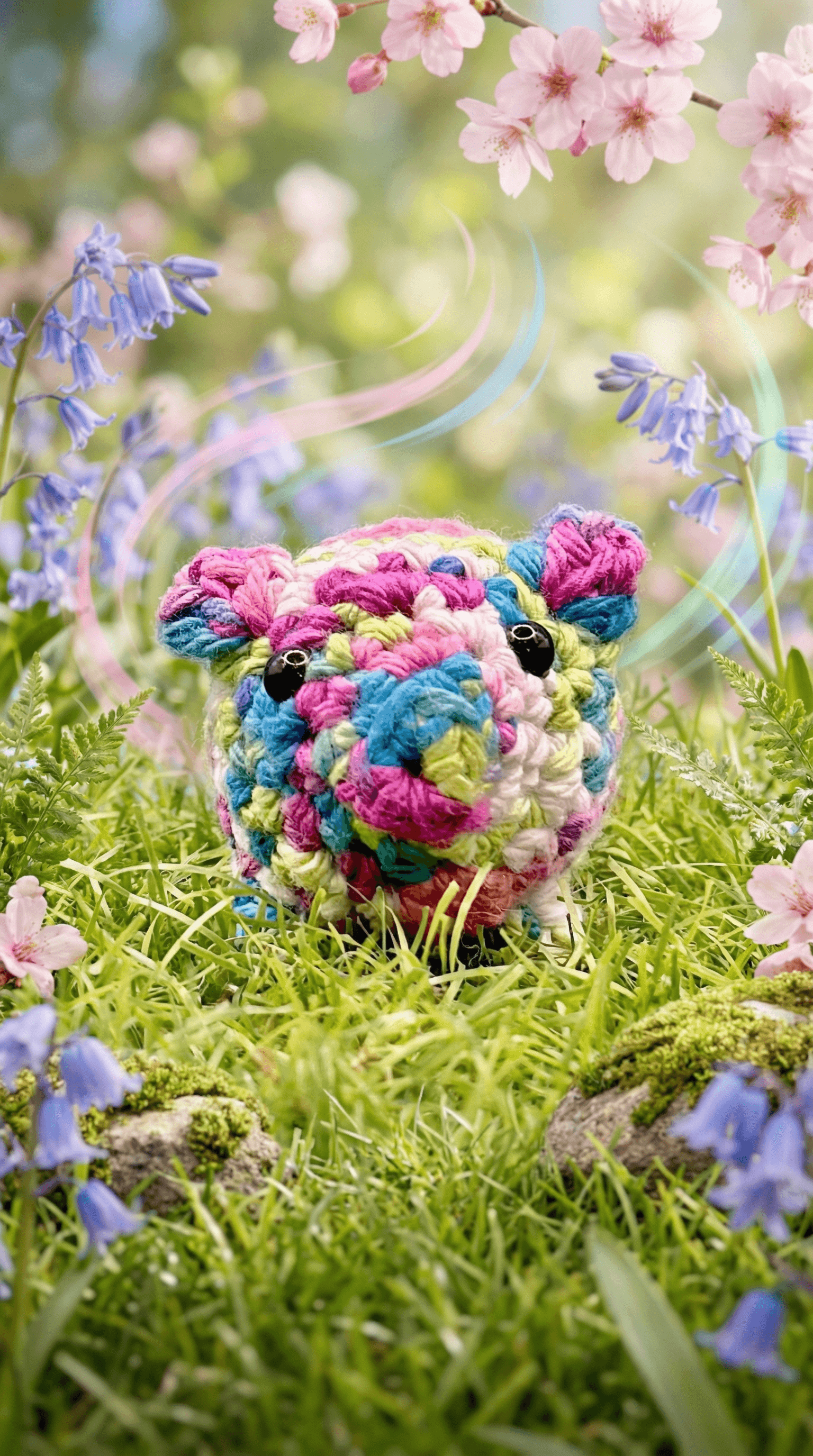 Colorful crocheted pig sachet in bright multi-colored yarn sits nestled in moss and grass, surrounded by pink cherry blossoms and purple bluebells in a spring garden setting.