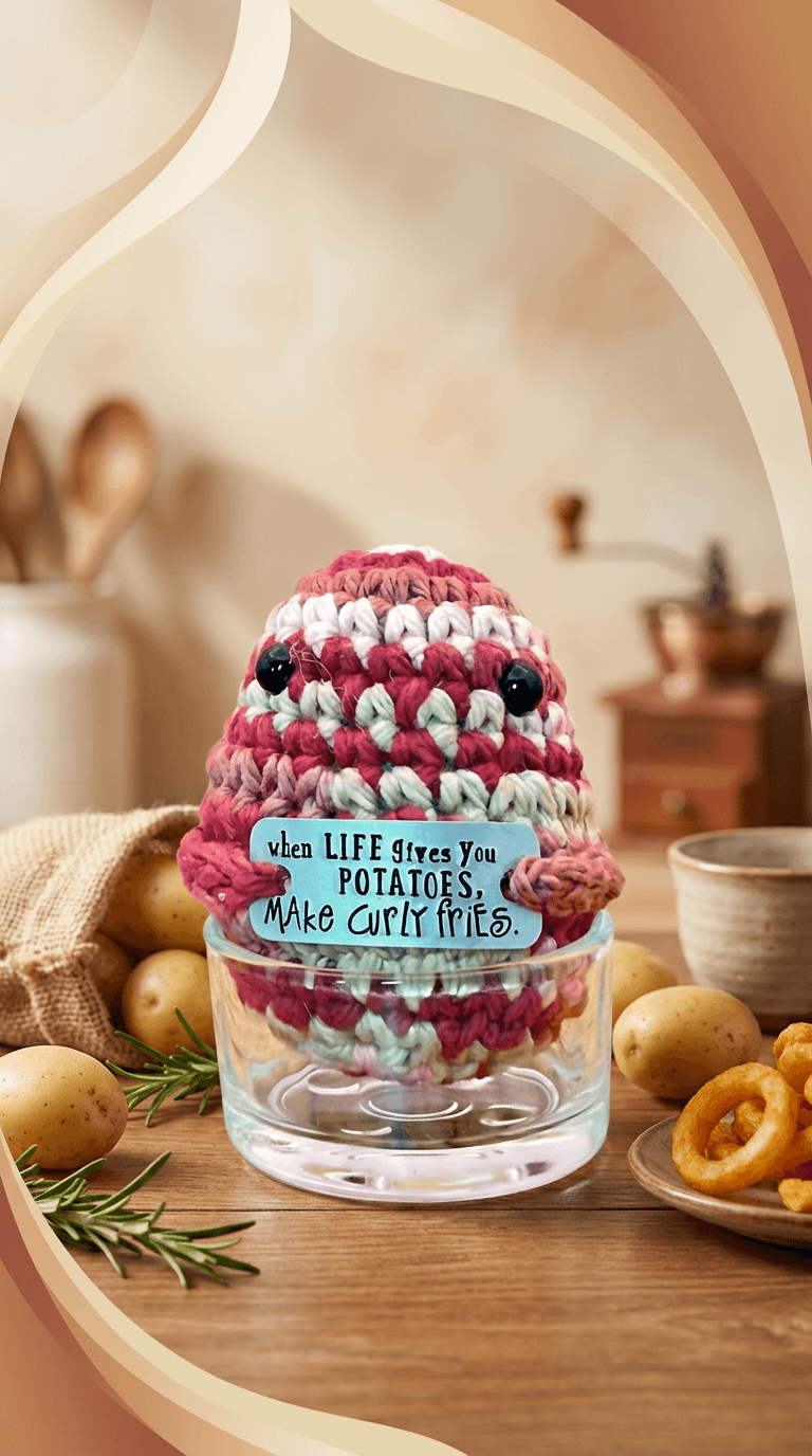 Hand-crocheted potato character in pink and white stripes with black bead eyes, displayed in a clear glass container. Sign reads inspirational message about potatoes and curly fries.