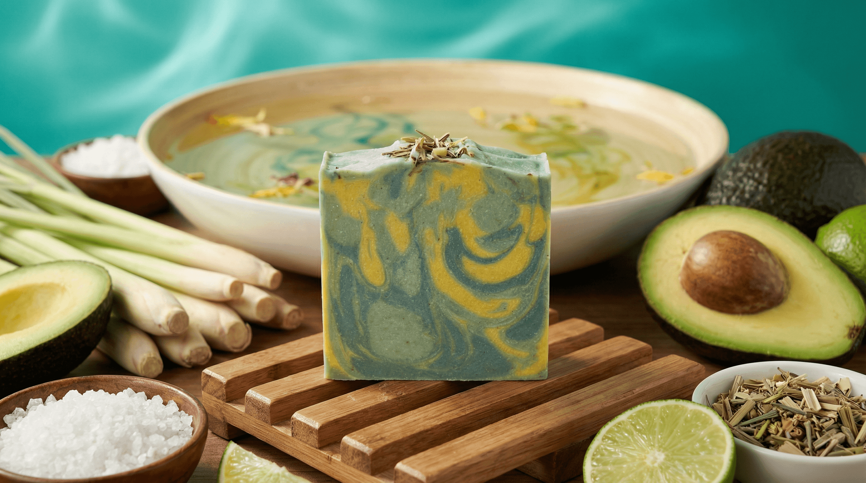 Marbled soap bar in sage green and golden yellow swirls, topped with dried lemongrass, displayed on wooden soap dish surrounded by fresh avocado, lemongrass stalks, sea salt, and lime.