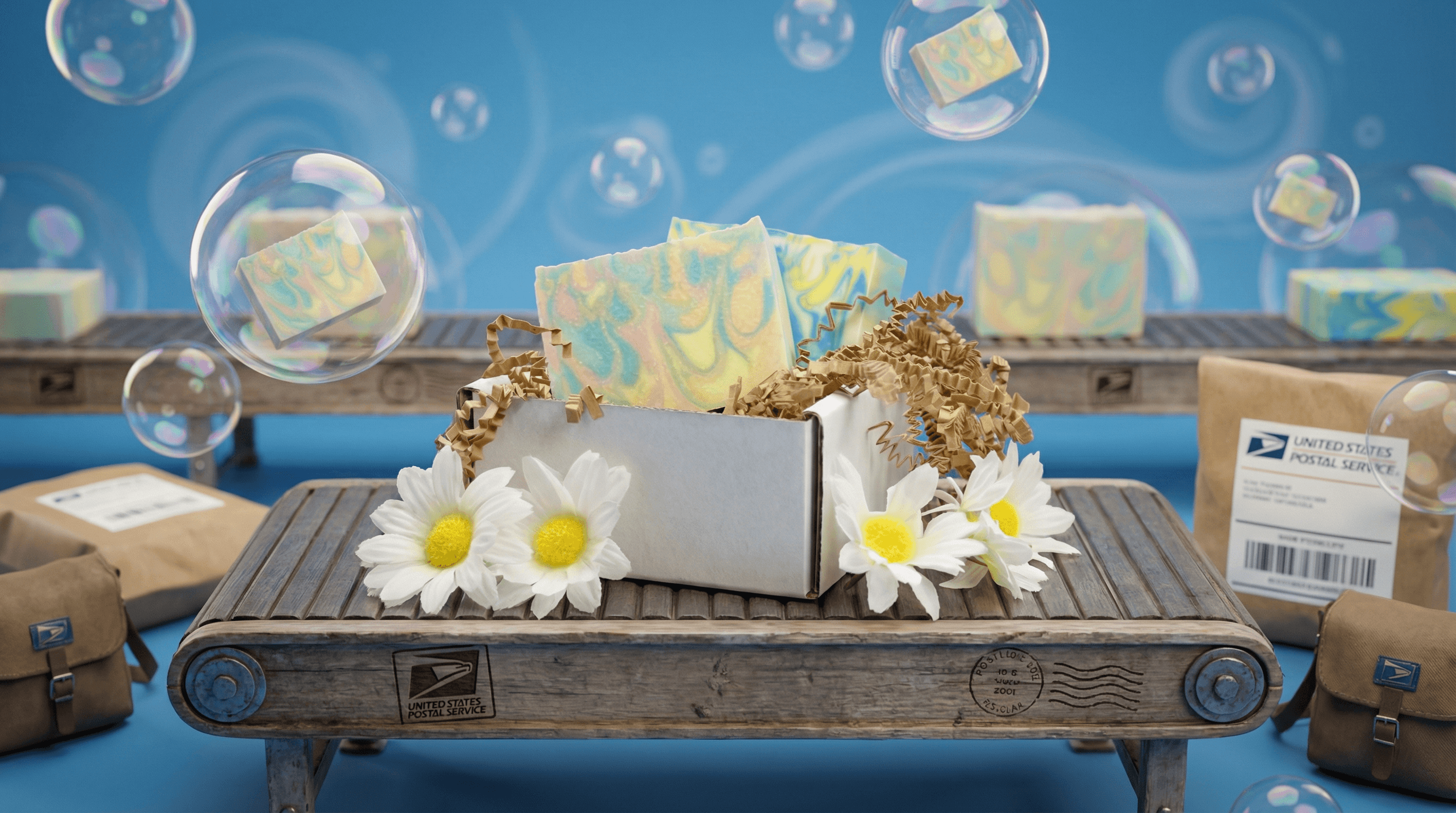 White box containing handmade soap bars with yellow-blue swirl patterns, nestled in kraft paper with white daisies, displayed on rustic postal-themed tray with floating bubbles.