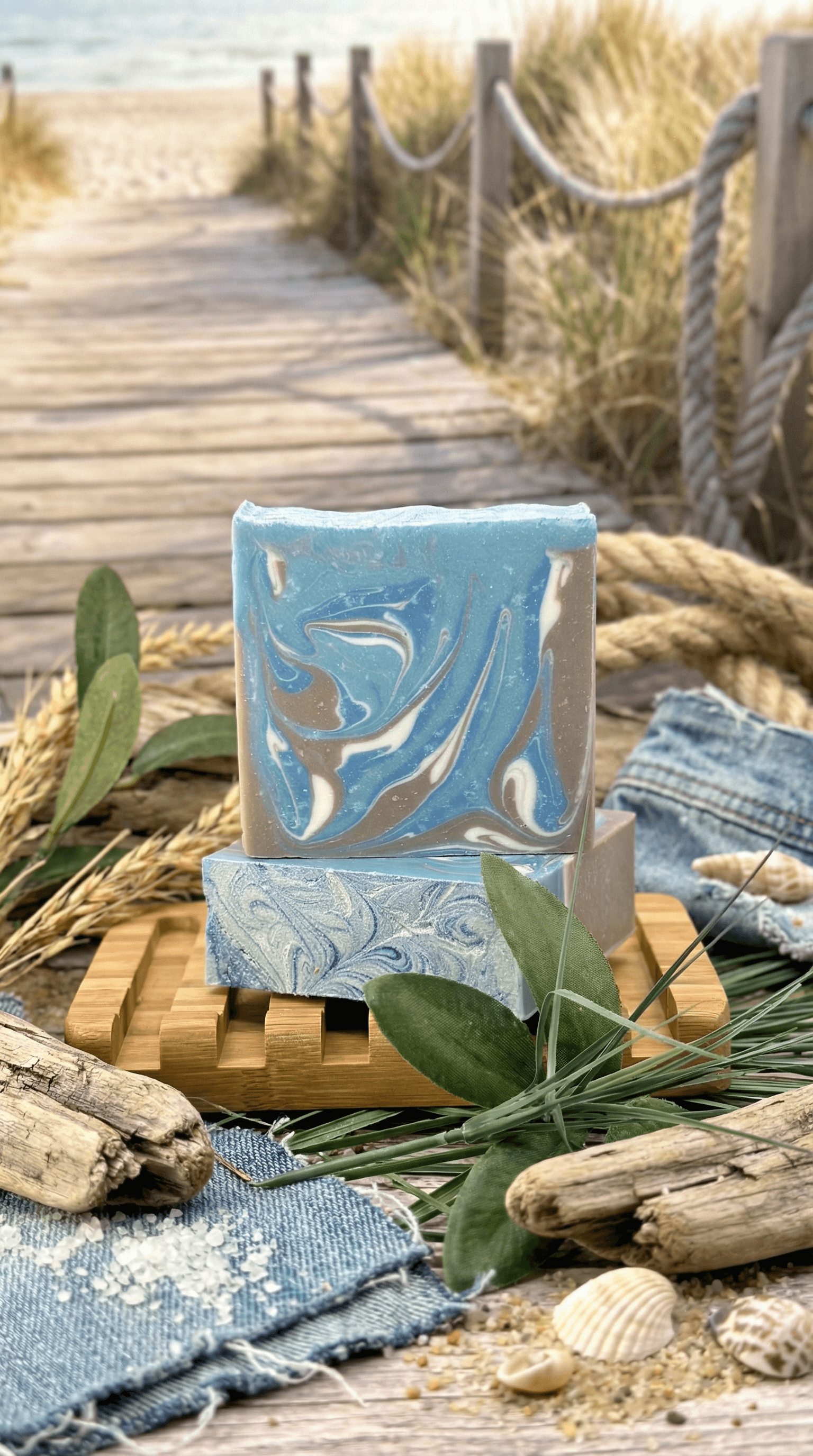 Two blue and tan marbled soap bars stacked on a wooden soap dish, surrounded by driftwood, seashells, and beach grass with a boardwalk path in the background.