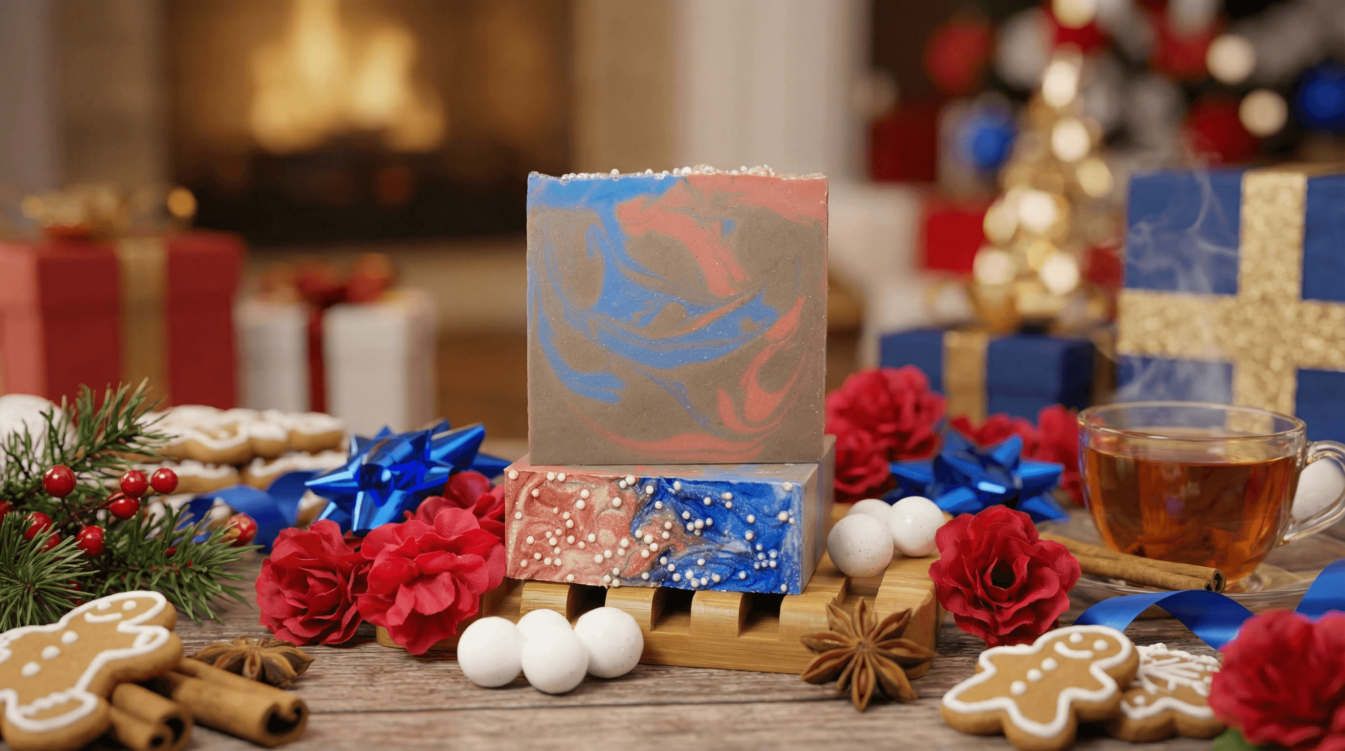 Handcrafted soap bar with swirled blue, coral-pink, and tan colors topped with white pearl decorations, displayed on a wooden pallet among gingerbread cookies, cinnamon sticks, red flowers, and holiday gifts.