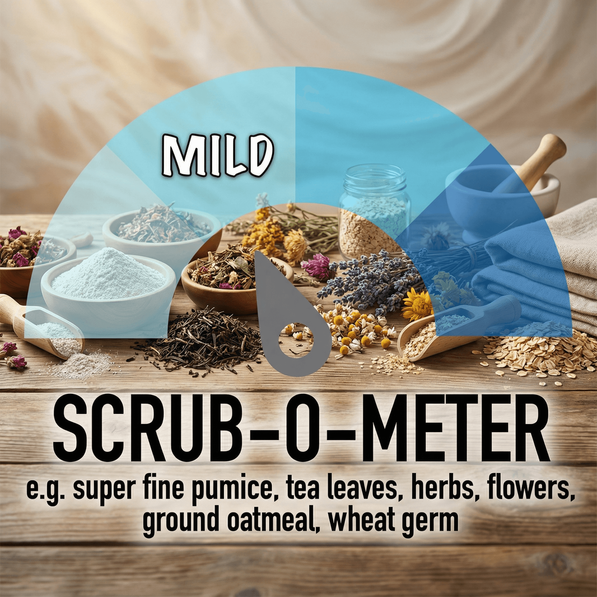 Gentle exfoliating ingredients including dried herbs, flowers, oatmeal, and tea leaves displayed on wooden surface with blue mortar and pestle. MILD intensity level indicated.