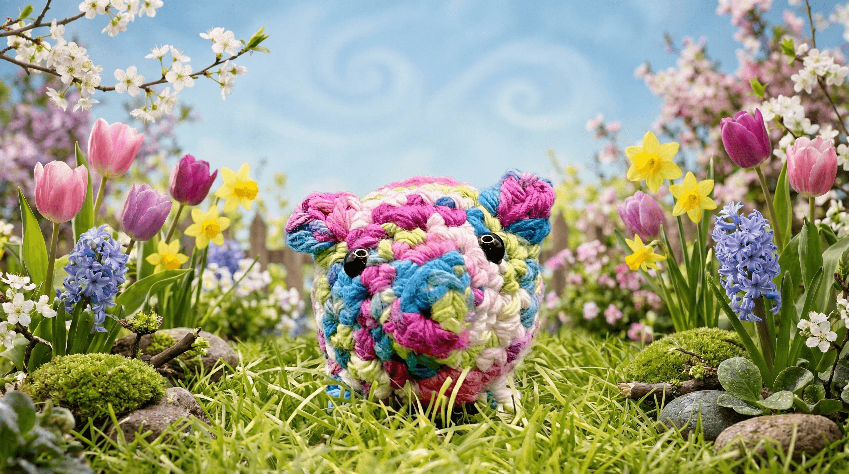 Colorful hand-crocheted pig made from multicolored yarn in pink, blue, yellow, and white sits on moss and grass surrounded by spring flowers including tulips, daffodils, and hyacinths.