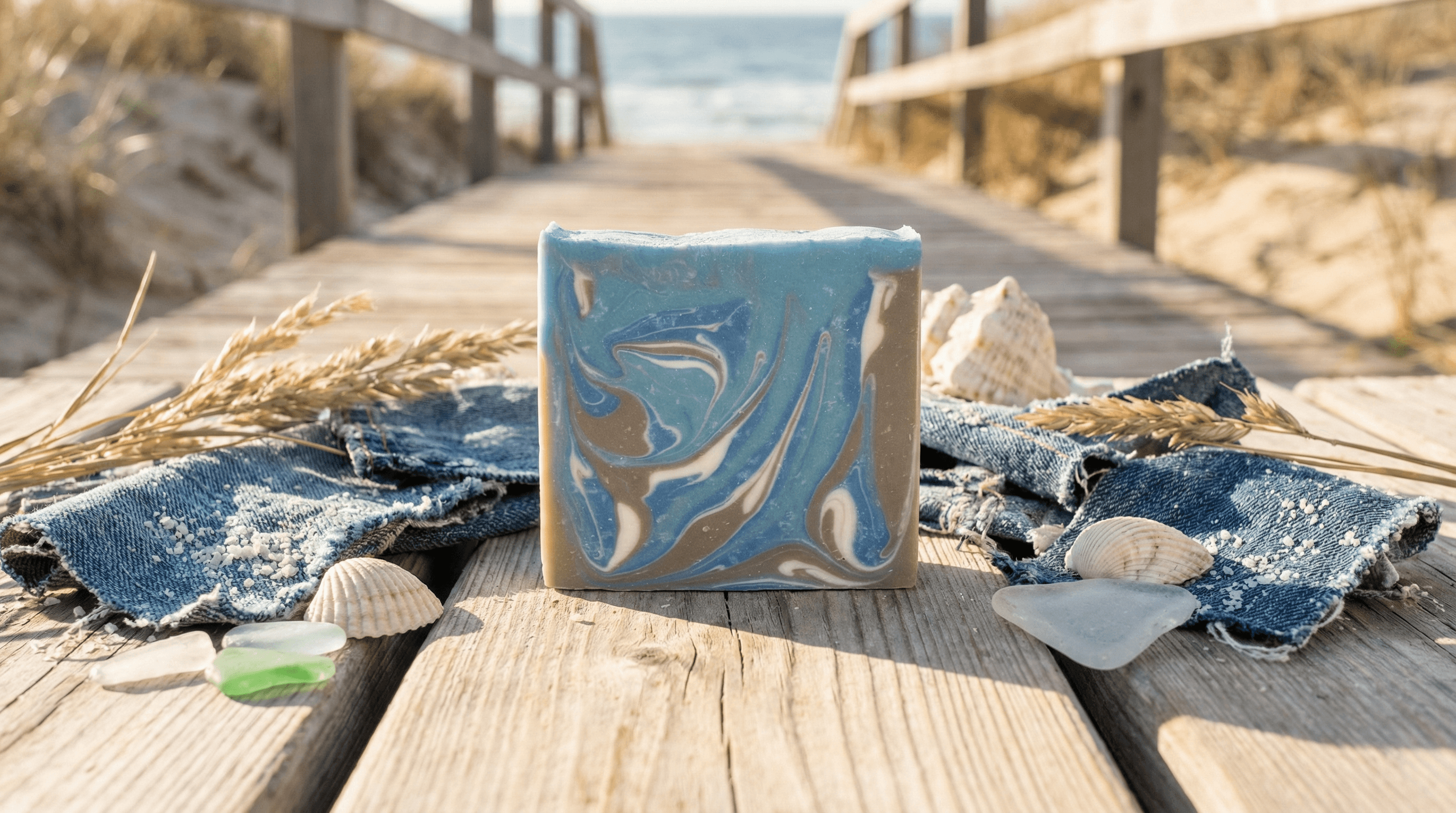 Blue and tan marbled handmade soap bar on weathered wood boardwalk with seashells, sea glass, denim fabric, and dried wheat. Ocean beach visible in blurred background.