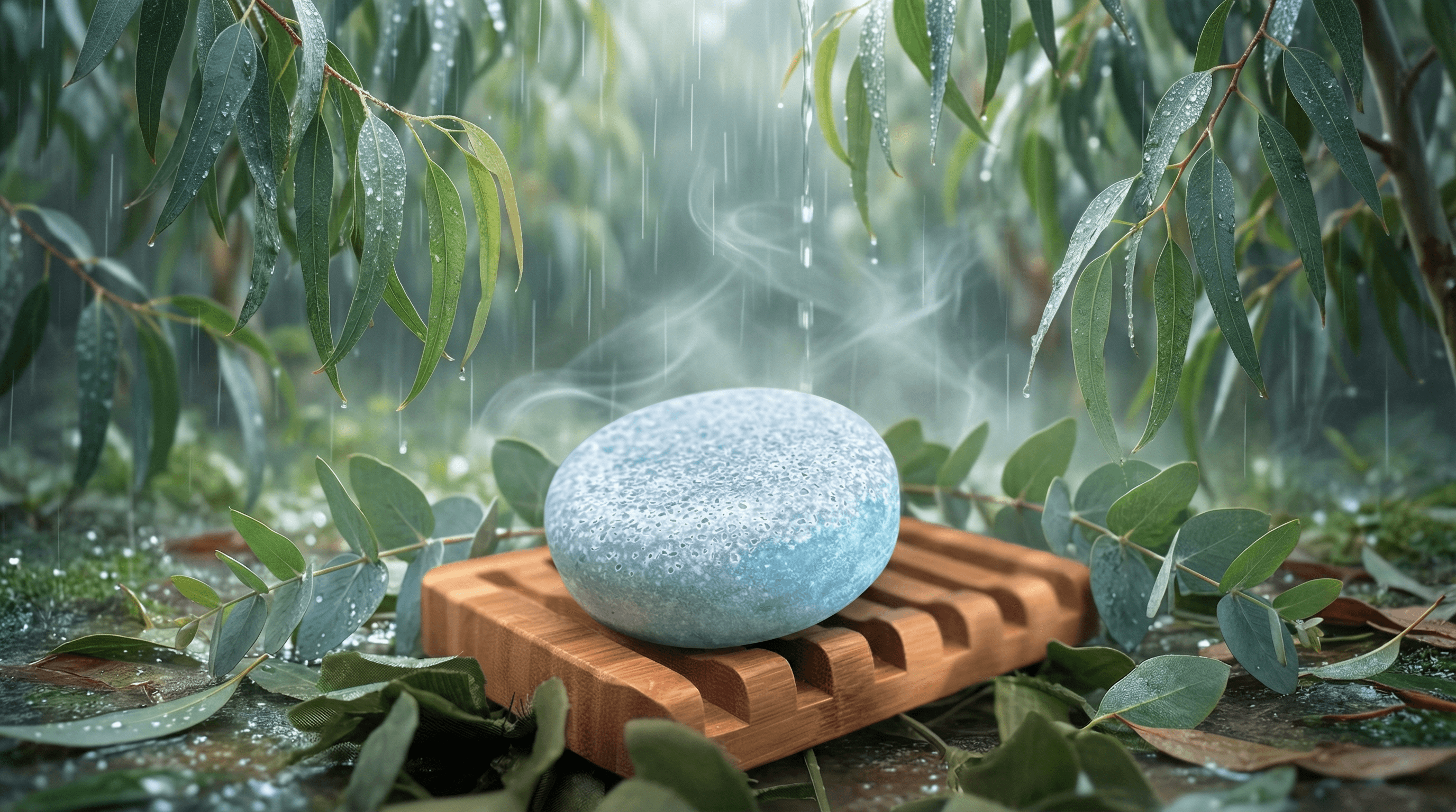 Speckled blue-gray oval sea salt soap bar with visible salt crystals on wooden soap dish, surrounded by fresh eucalyptus leaves and water droplets in a rainy garden setting.