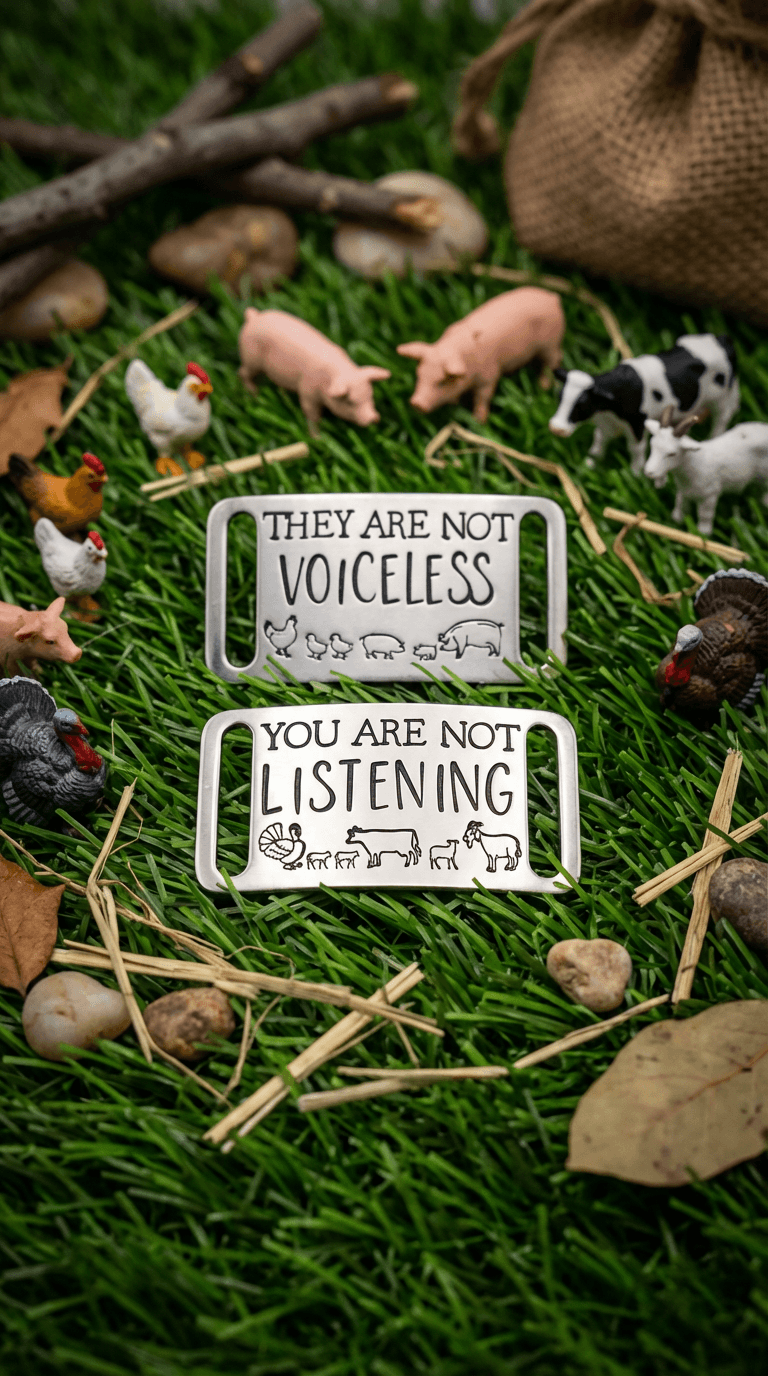 Two white aluminum shoe tags on artificial grass surrounded by miniature farm animals. Top tag reads 'THEY ARE NOT VOICELESS', bottom reads 'YOU ARE NOT LISTENING' with animal icons.