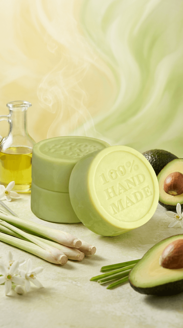 Pale green solid lotion bars with embossed text in aluminum tins, displayed with fresh lemongrass stalks, halved avocados, white flowers, and oil in a glass bottle.
