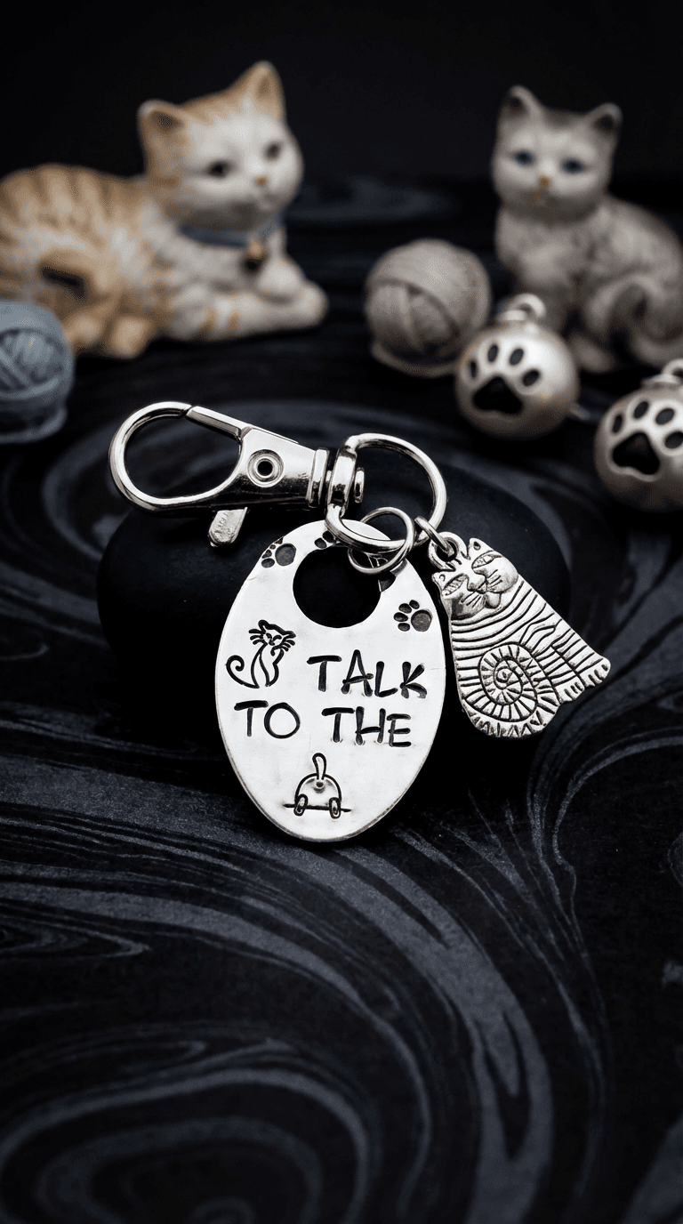 Silver keychain with oval tag reading 'TALK TO THE' with cat, paw print, and mouse icons, plus decorative cat charm, displayed on black fabric with ceramic cat figurines in background.