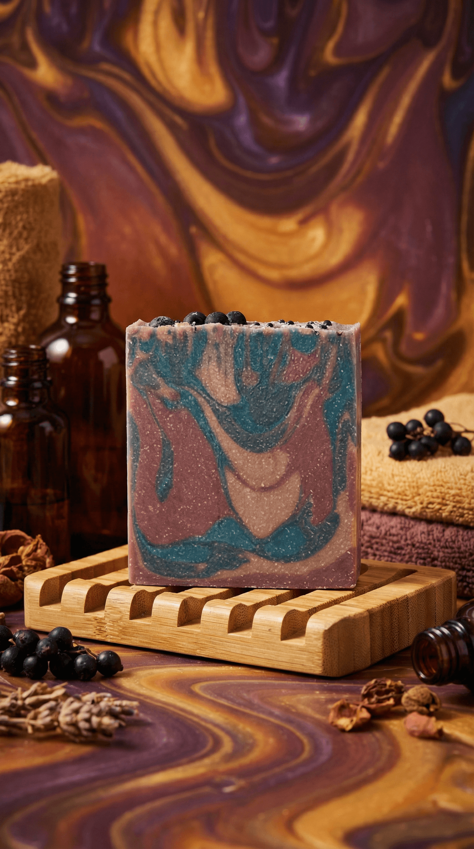 Marbled handmade soap bar in teal, mauve, and tan swirls topped with black peppercorns, displayed on a wooden soap dish with amber bottles, towels, and dried botanicals.