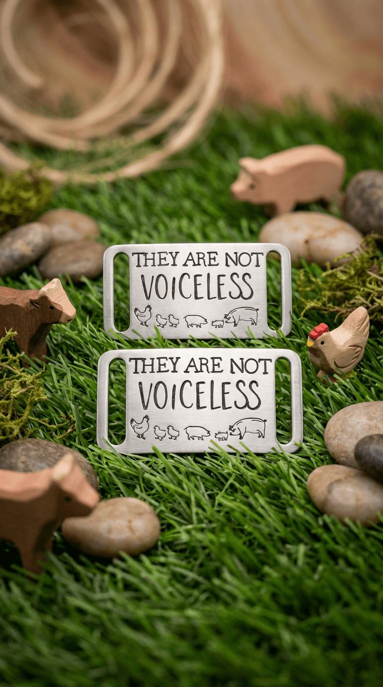 Two white aluminum shoe tags with 'THEY ARE NOT VOICELESS' text and farm animal illustrations, displayed on artificial grass with wooden toy animals and stones.