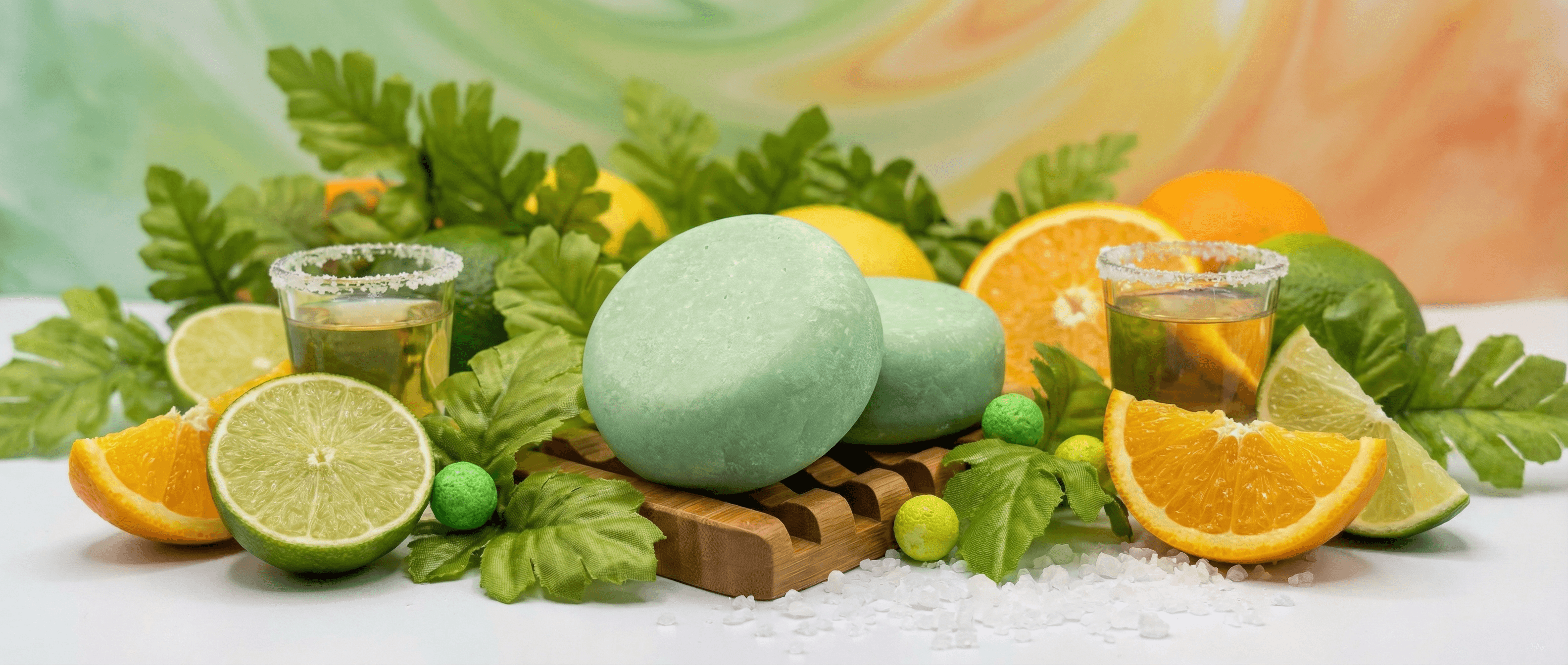 Two rounded mint-green bath bombs on a wooden soap dish, surrounded by fresh citrus slices, tropical leaves, two margarita glasses with salted rims, and scattered sea salt crystals.