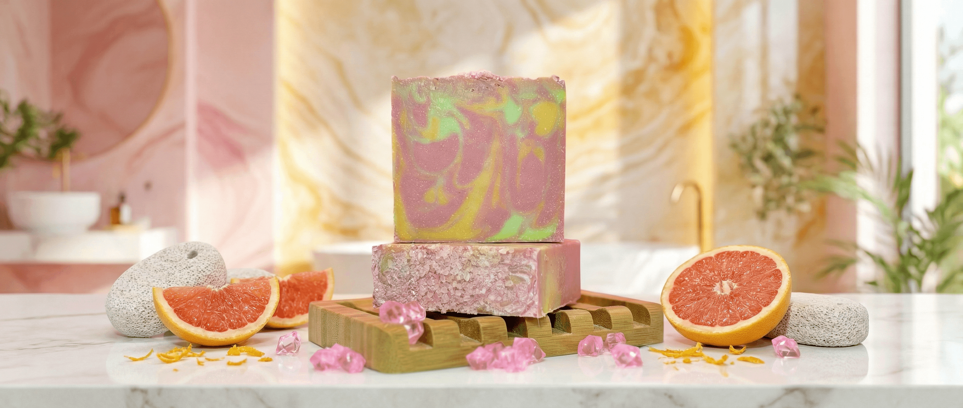 Two stacked handcrafted soap bars on bamboo, one pink swirled with yellow and green, one textured pink. Styled with grapefruit halves, pumice stones, and pink crystals.