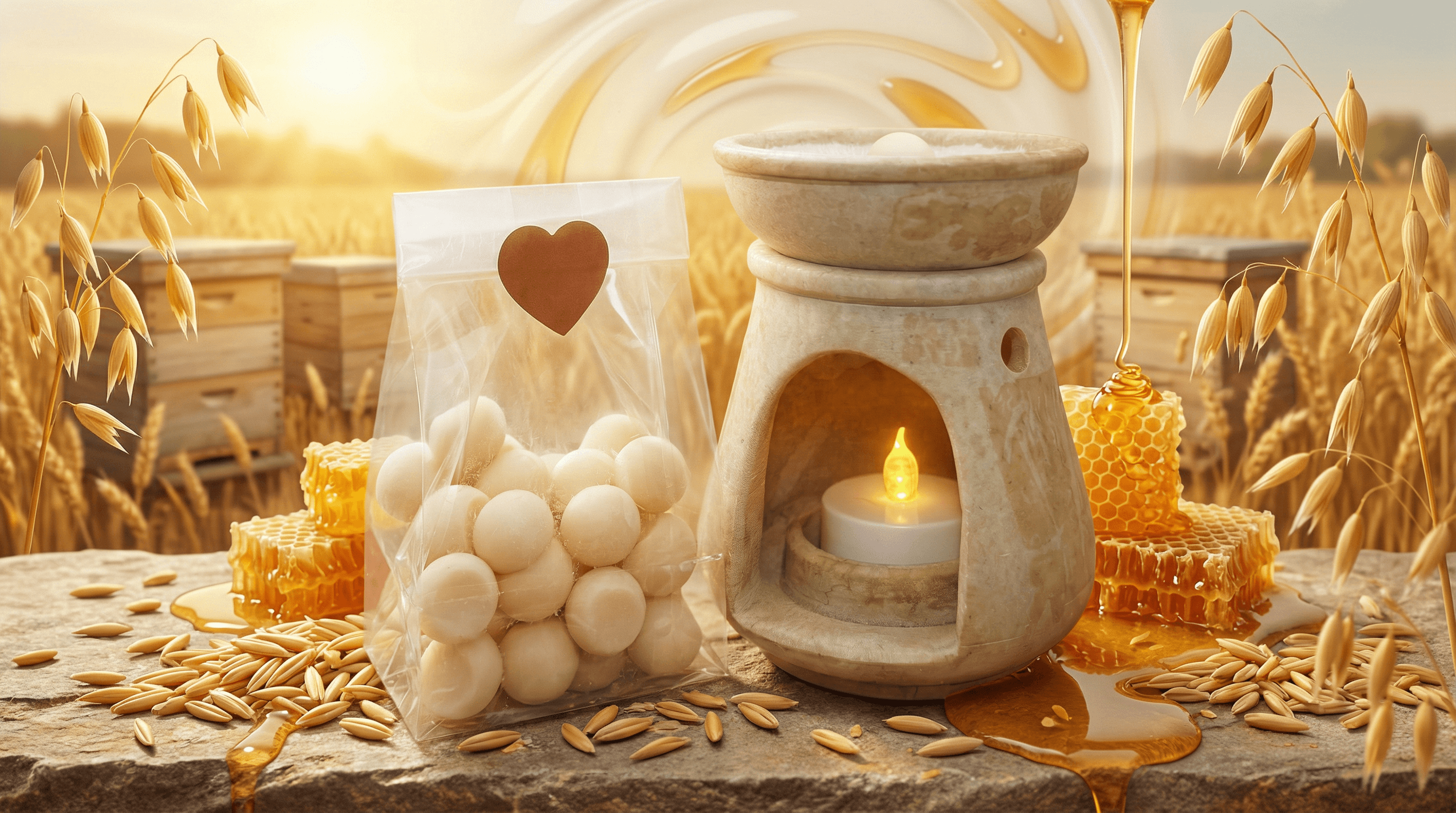 White spherical wax melts in clear bag with heart sticker, displayed with ceramic oil warmer, honeycomb pieces, oats, and honey drizzle in golden field setting.